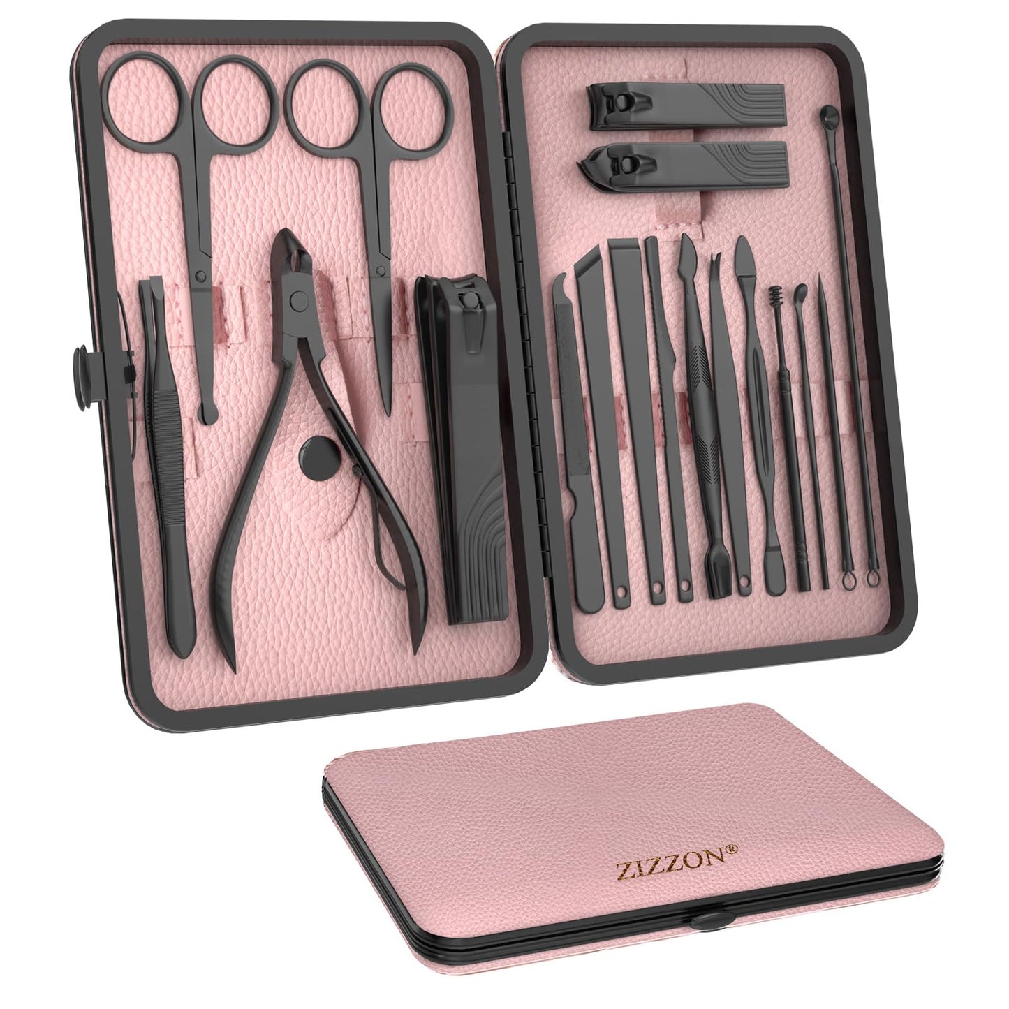 ZIZZON Nail Clippers Manicure Pedicure Set 18 in 1 Nail Grooming Kit with Leather Travel Case(Black/Pink)