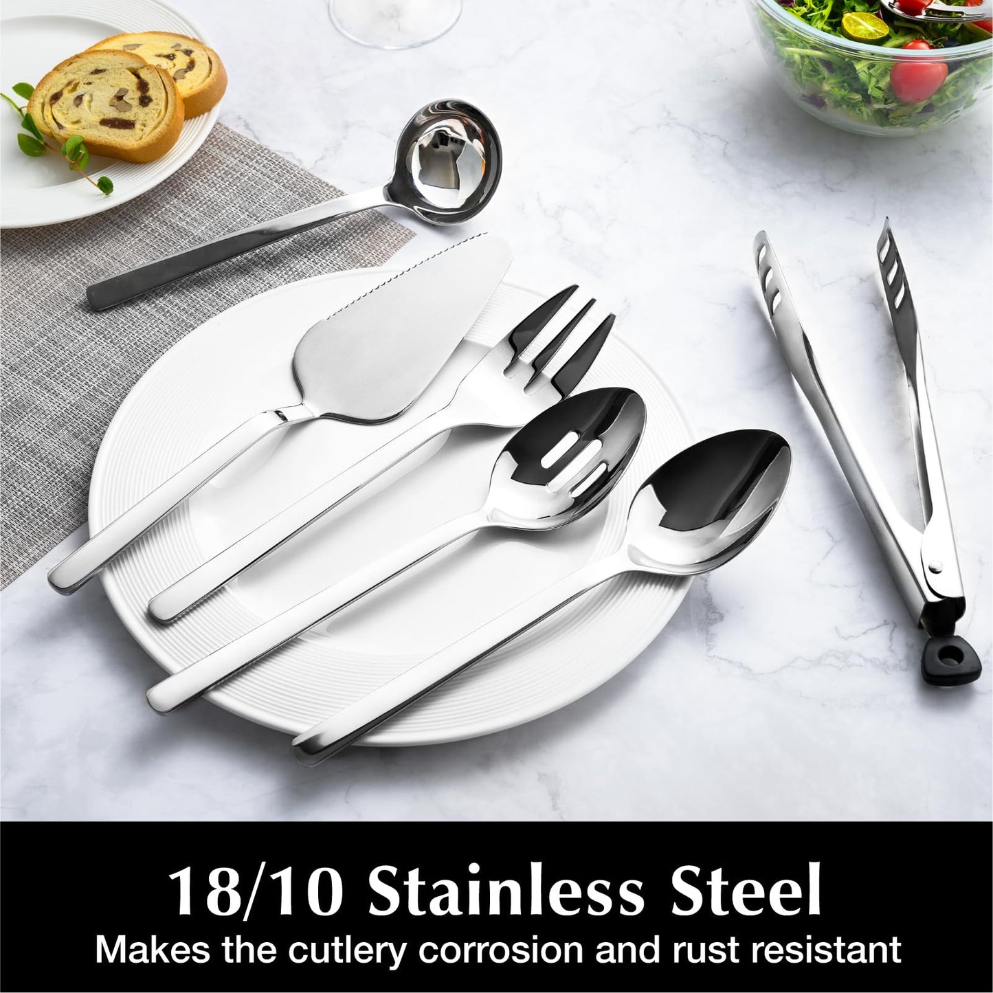 KINGSTONE Large Hostess Serving Utensils Set,18/10 Stainless Steel Heavy Duty 10inch Serving Spoons,Slotted Spoons,Serving Fork,Serving Tongs, Cake Pie Server For Buffet, Wedding, Party