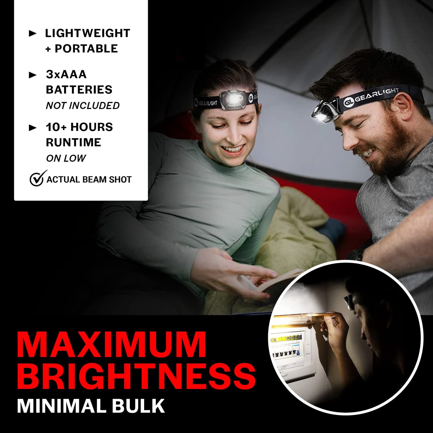 LED Headlamp 2-pack Battery Powered (AAA) (Batteries Not Included) | Head Lamp for Running Hunting Camping Fishing Hiking with Red Light and Adjustable Headband - Bright Forehead Headlamp 7 Modes