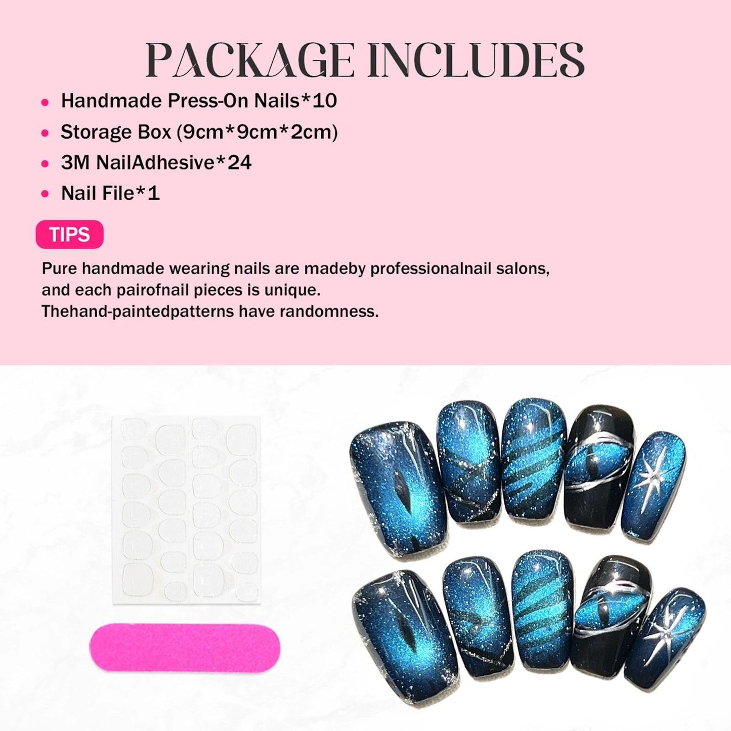 Handmade 3D Blue Black Glitter Square Press On Nails, Edgy Line Star Artisan Nails Set, Reusable Glossy Press-ons with Tool Kit (S)