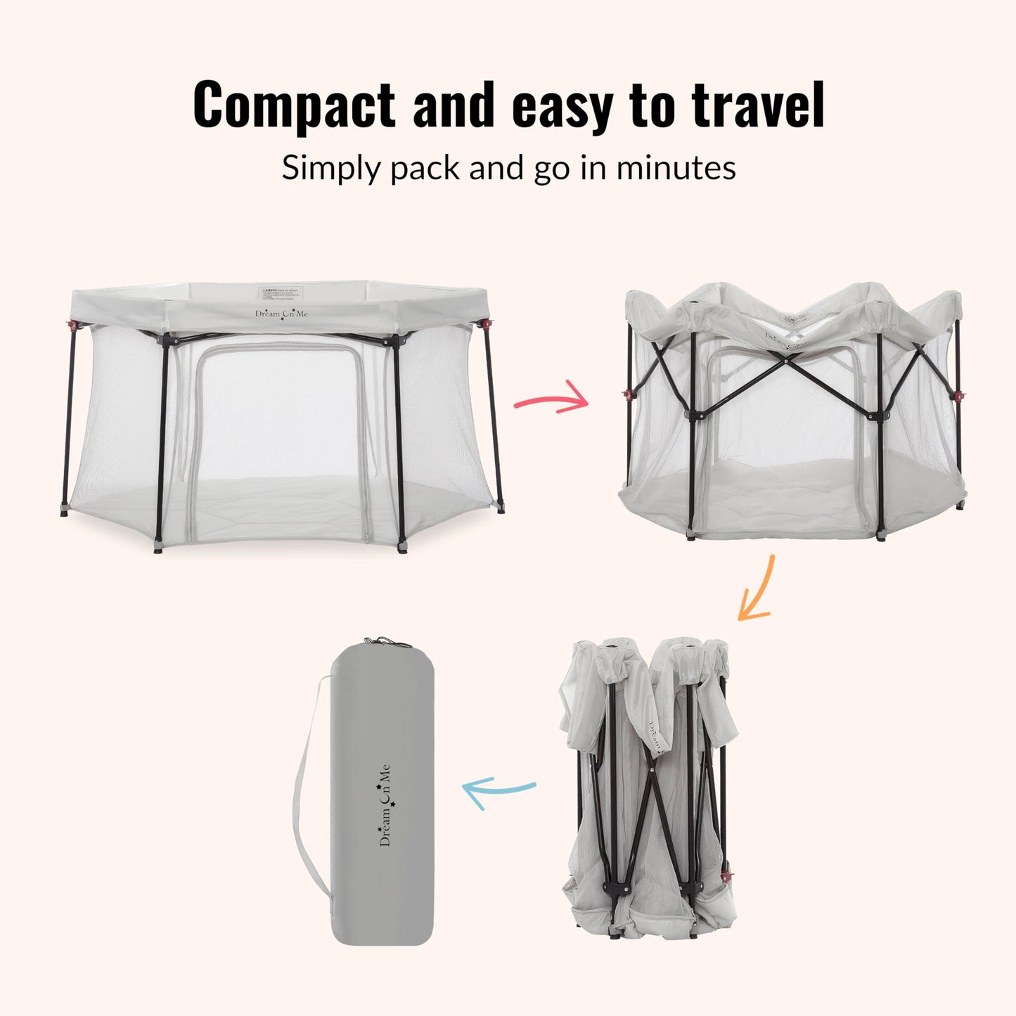 Dream On Me Onyx Baby Playpen, Zipper Access Door, Breathable Mesh Sides, Soft Comfortable Mattress Padded Floor, Easy Fold Design with Travel Carry Bag, Compact Easy to Fold Design - Grey