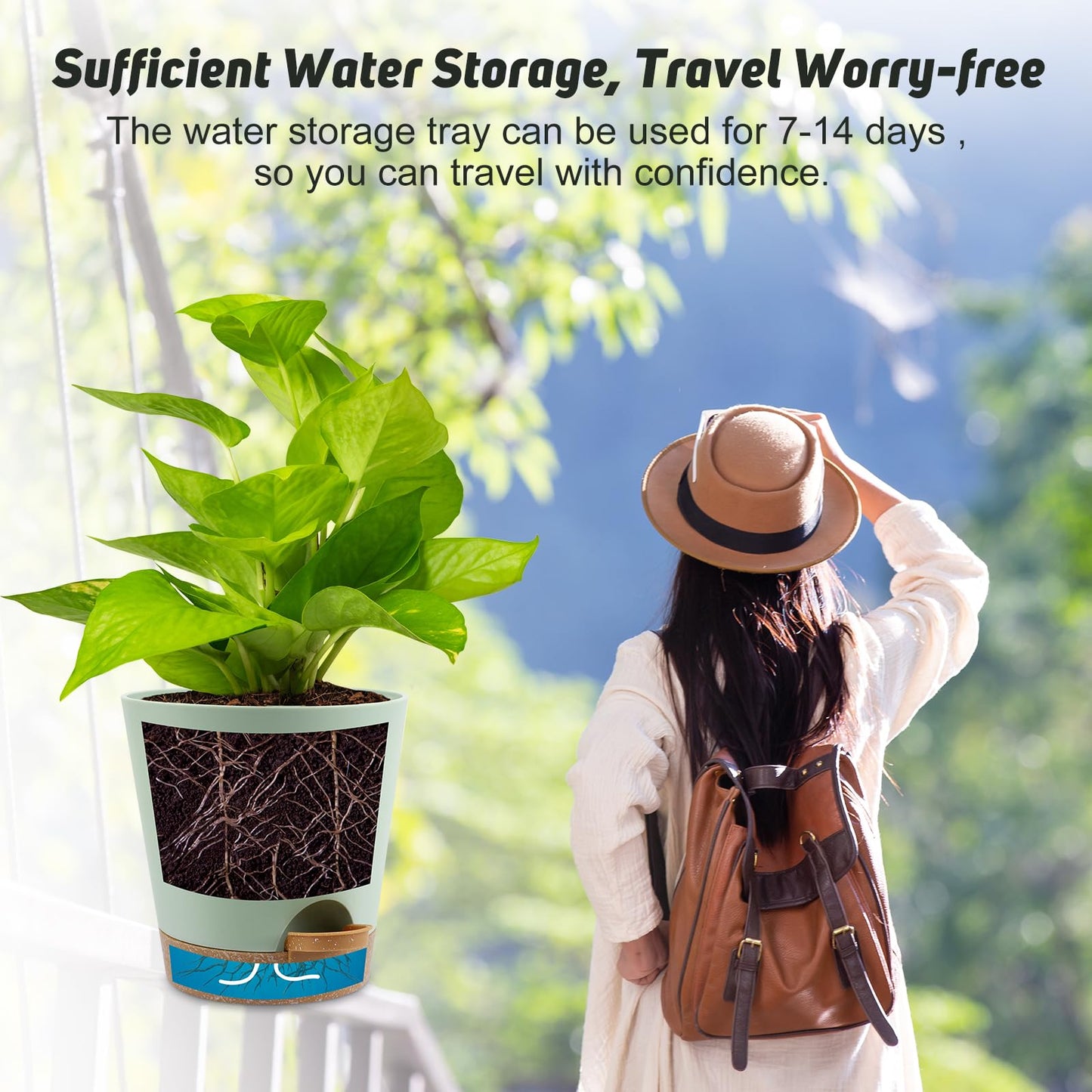 YNNICO 8-Inch Plant Pots, Self-Watering Planters with Drainage Holes & Saucers for Indoor and Outdoor Plants (2-Pack, Green)