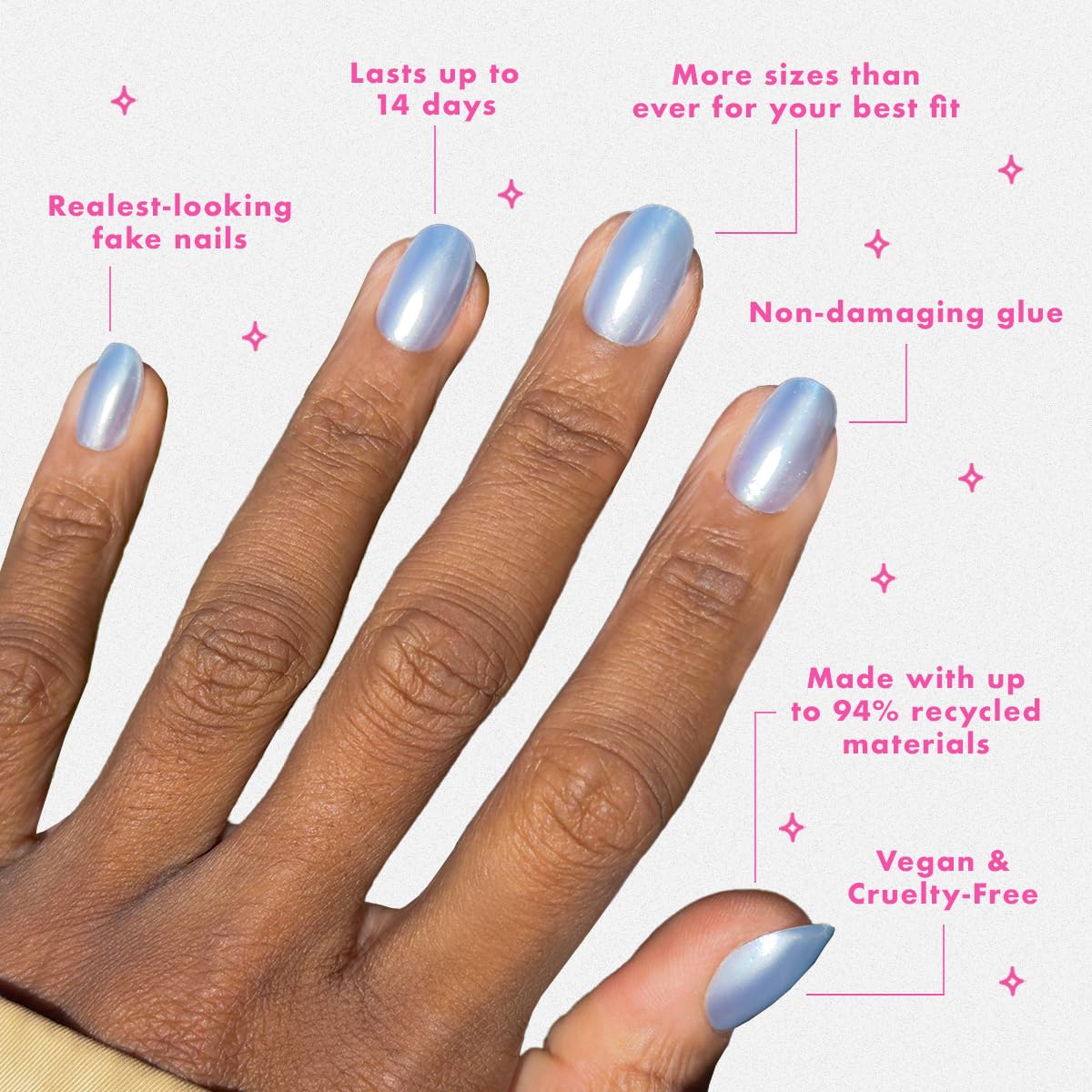 Olive & June Maximalist Instant Mani Press-On Nails (Glue) | 42 Fake Nails, 21 Sizes | Non-Toxic, Long-Lasting Big, Bold Gorgeous Realistic Look | Salon-Quality at Home | Short, Round | Sky Chrome