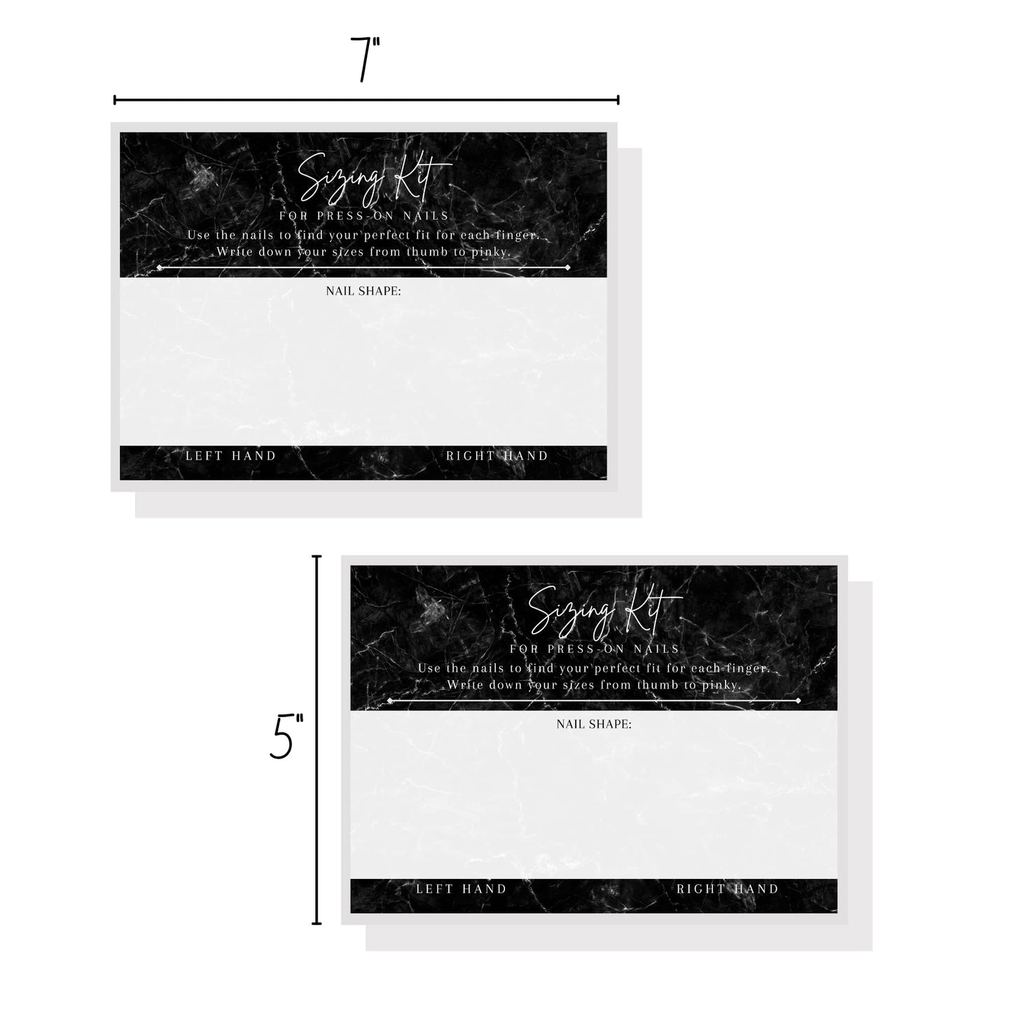 Boutique Marketing LLC Press On Nail Sizing Card | Physical Printed 5x7inch inch Large Postcard | Press-On Nail Supplies | Black Marble Design