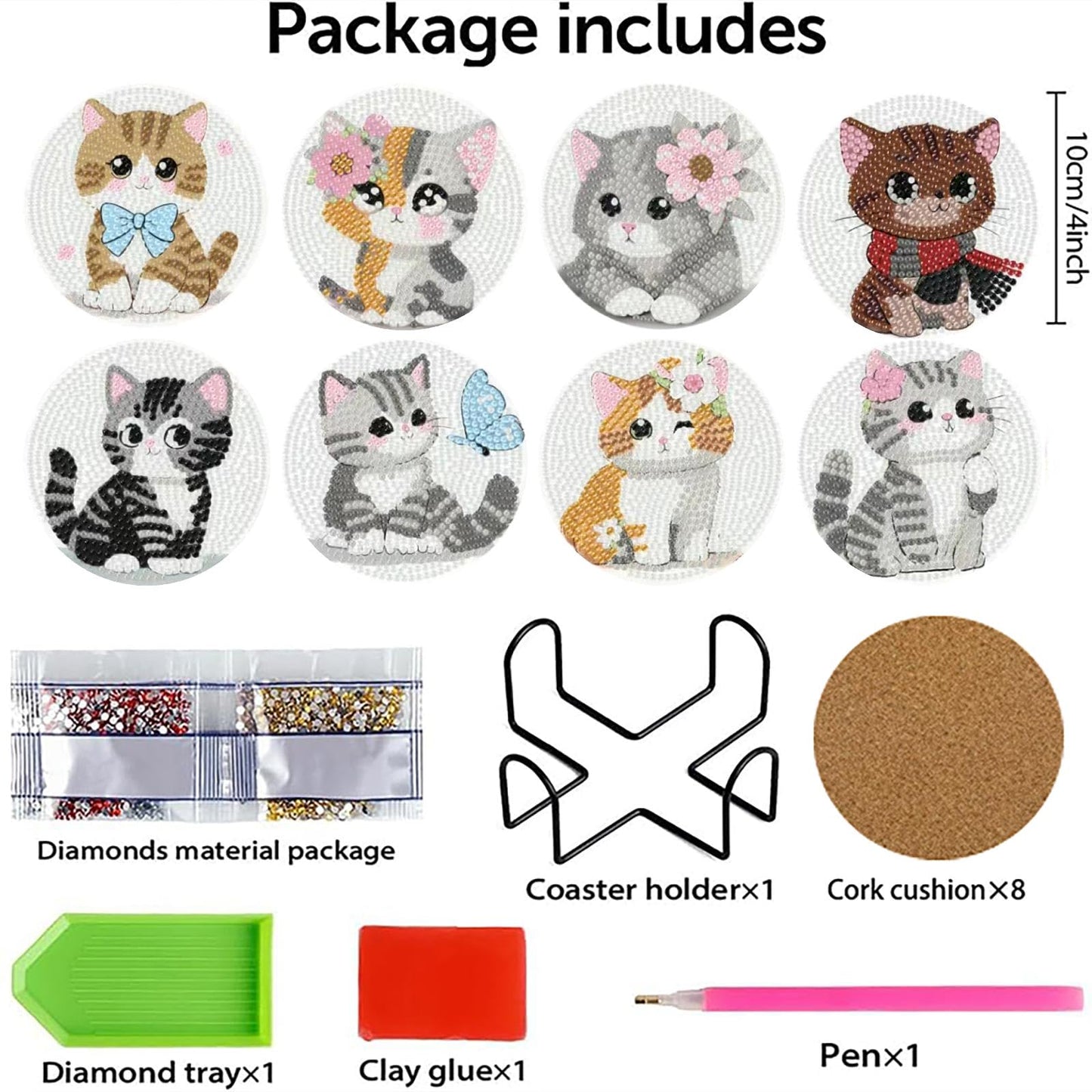 cupmod 8PCS Cute Cat Diamond Painting Coasters Kit with Holder,Cat Diamond Art Coaster,DIY Crafts Diamond Art Kits for Adults Home Decor
