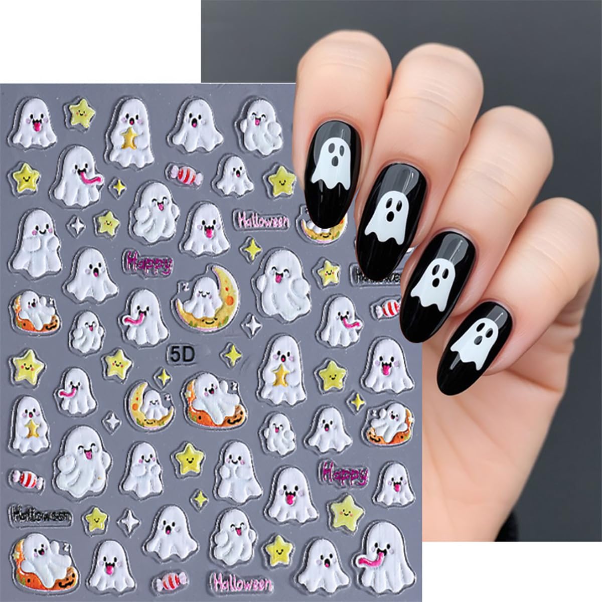 3 Sheets Halloween 5d Embossed Cute Ghost Nail Art Stickers Self Adhesive Pumpkin Spider Web Nail Decals Exquisite Star Moon Nail Design Stickers Holiday Nail Art Supplies for Women Decorations Tips