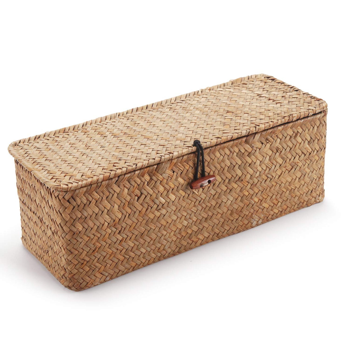 DECRAFTS Seagrass Storage Basket with Lid Rectangular Small Woven Shelf Baskets with Sections for Organize Snack Toys Tampon