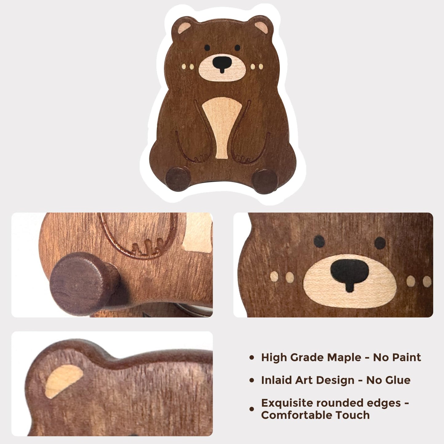 Agicogeo Hand-Inlaid Solid Wood Phone Stand for iPhone 16/Tablets - 360° Rotating Desk Organizer Holder with Artisan Carvings & Adjustable, Heavy Base Home Office Decor, Gift-Ready (Bear Cub)