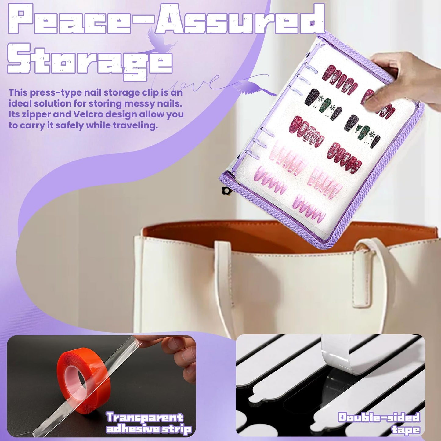 Oskrieel Press on nail storage Nail Storage Book - Portable Versatile Organizer for Press - On Nails, Jewelry and More with 90 Pcs Adhesive Double Sided Tape Purple