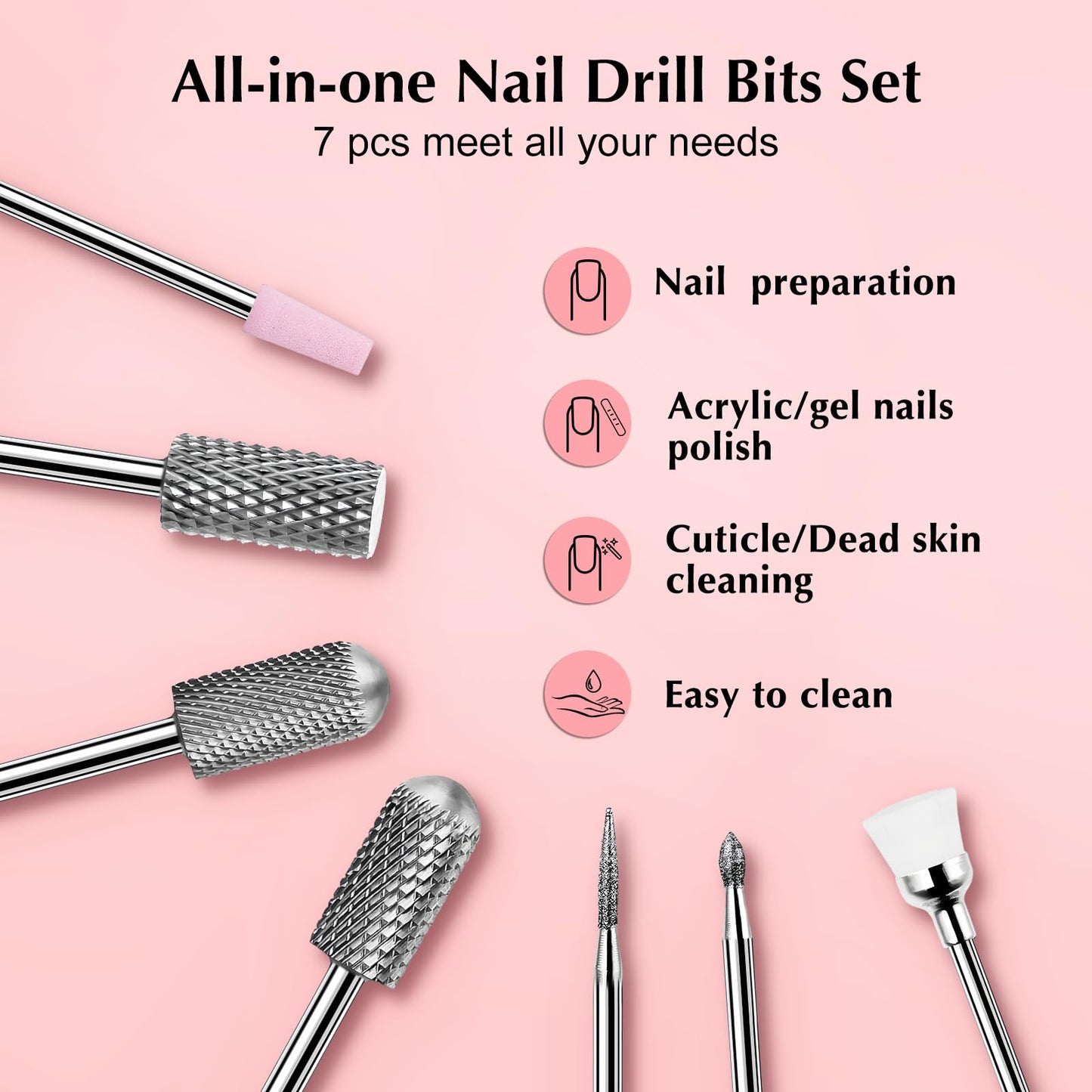 Nail Drill Bits Set 7pcs: 3/32 Inch Shank Electric Nail File Machine Bits for Acrylic Gel Dip Nails Nail Art Tools for Cuticle Remover Manicure Pedicure