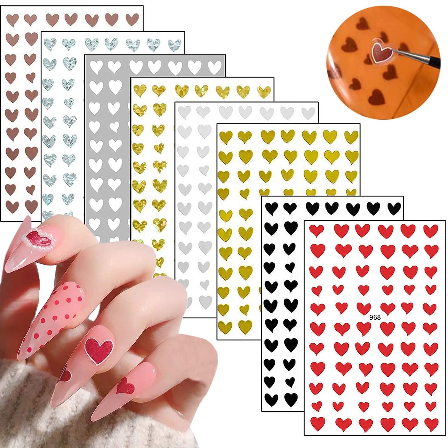 8 Sheets Heart Nail Art Stickers with 8 Sheets Abstract Nail Art Stickers