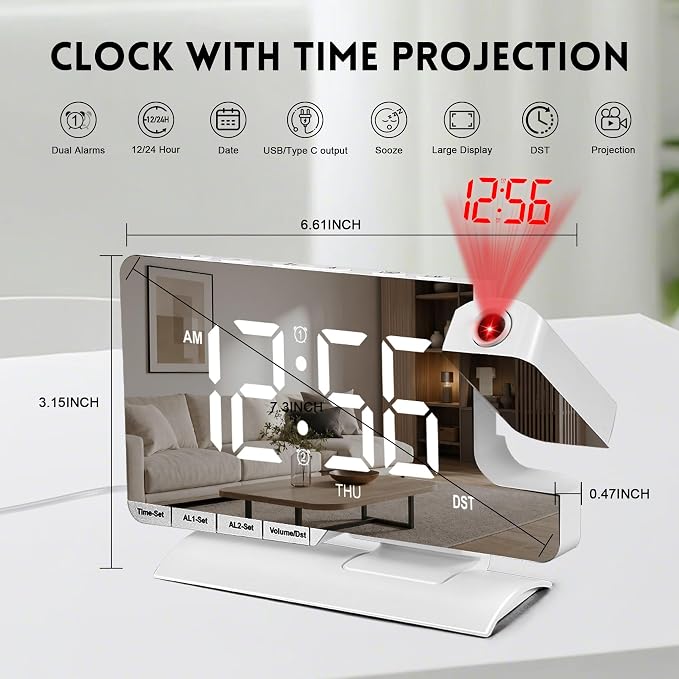 Projection Clock,Alarm Clocks for Bedrooms,7.3"Mirror Bedside Clock