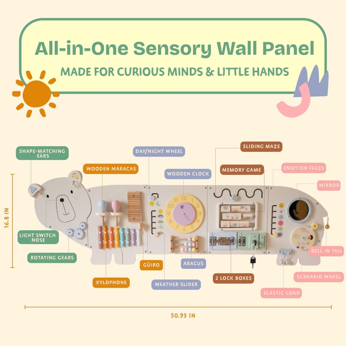 Sensory Wall Panel for Kids – Toddler Learning Activity Center - Emotional Development & Fine Motor Skills – Toddler Learning Activity Center- Busy board Montessori toys