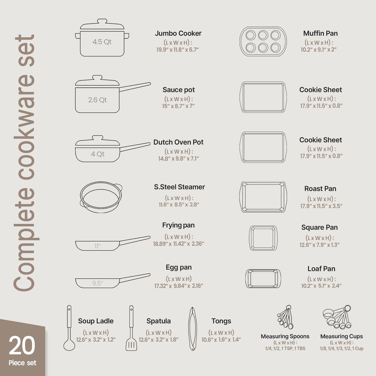 Bakken Master 20 Piece Cookware Set - Pots and Pans with Handle Grips and Tempered Glass Lids, With 6-piece Bakeware Set, Nonstick Granite Coating, Ceramic Max Temperature (Up To 500°F), Brown Marble