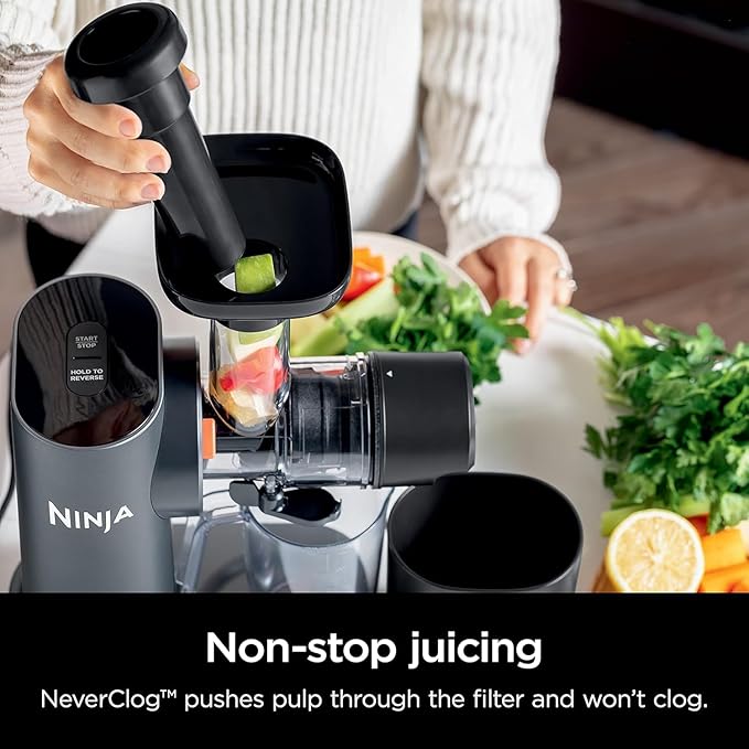 Ninja NeverClog Cold Press Juicer, Powerful Slow Juicer with Total Pulp Control, Countertop, Electric, 2 Pulp Functions, Dishwasher Safe, 2nd Generation, Charcoal, JC151 (Renewed)