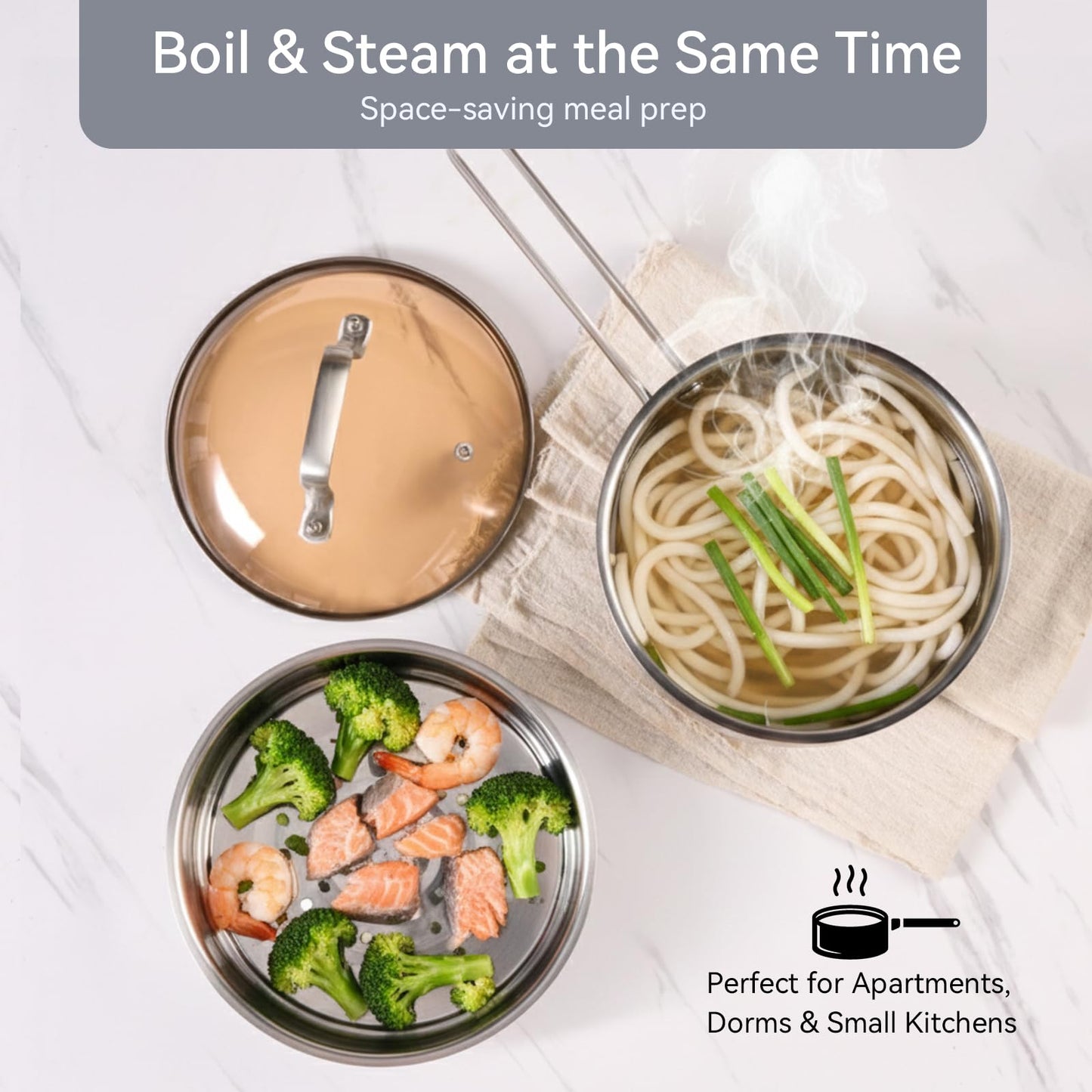Boryenty 2.5QT Stainless Steel Saucepan with Steamer Basket and Glass Lid, 18/8 Food Grade Small Soup Pot with Steamer Insert, Induction Compatible, Heavy Duty Multi-Purpose Pot for Cooking & Steaming