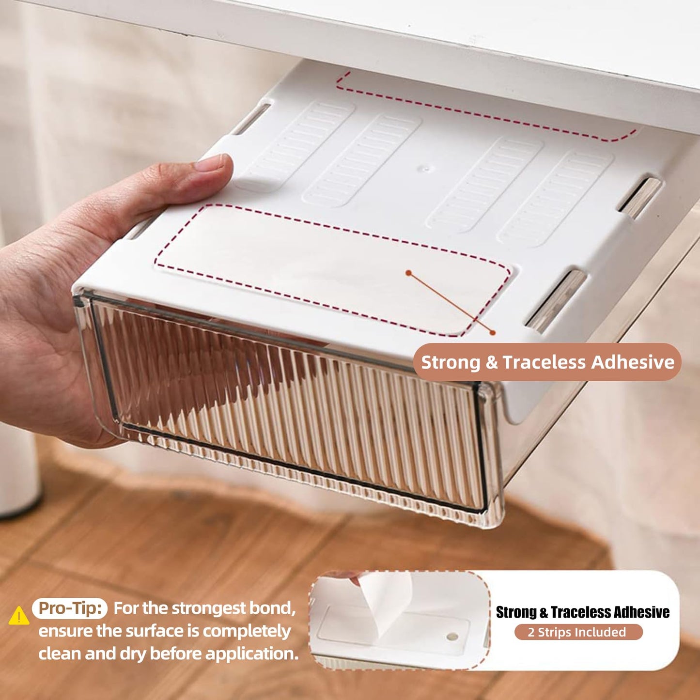 2Pcs Under Desk Storage Drawers Slide Out,Large&Medium,Stick On Drawers,Under Desk Organizer Hidden Under Table Drawer for Home Office School Organization and Storage-Clear White
