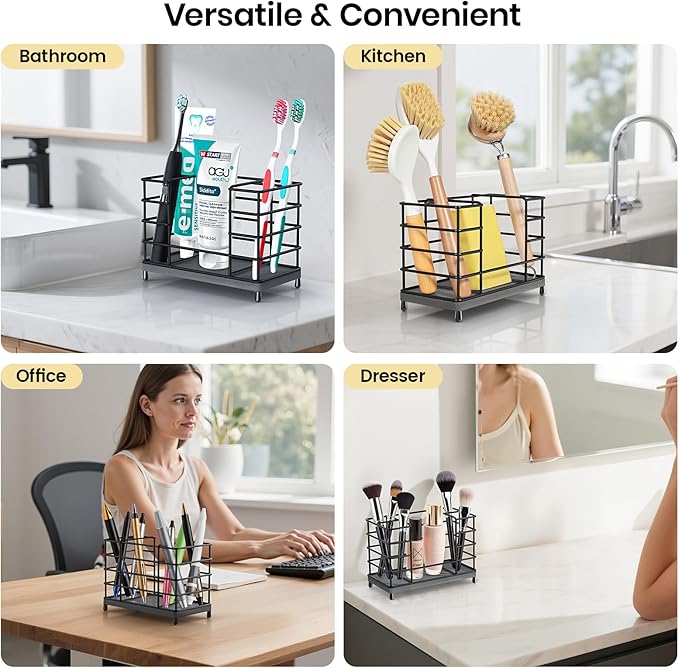 Toothbrush Holder with Quick Drying Mat—Toothbrush and Toothpaste Holders for Bathrooms—5 Slots Openwork Design Black Toothbrush Holder Set,Bathroom Counter Organizer for Electric Toothbrush