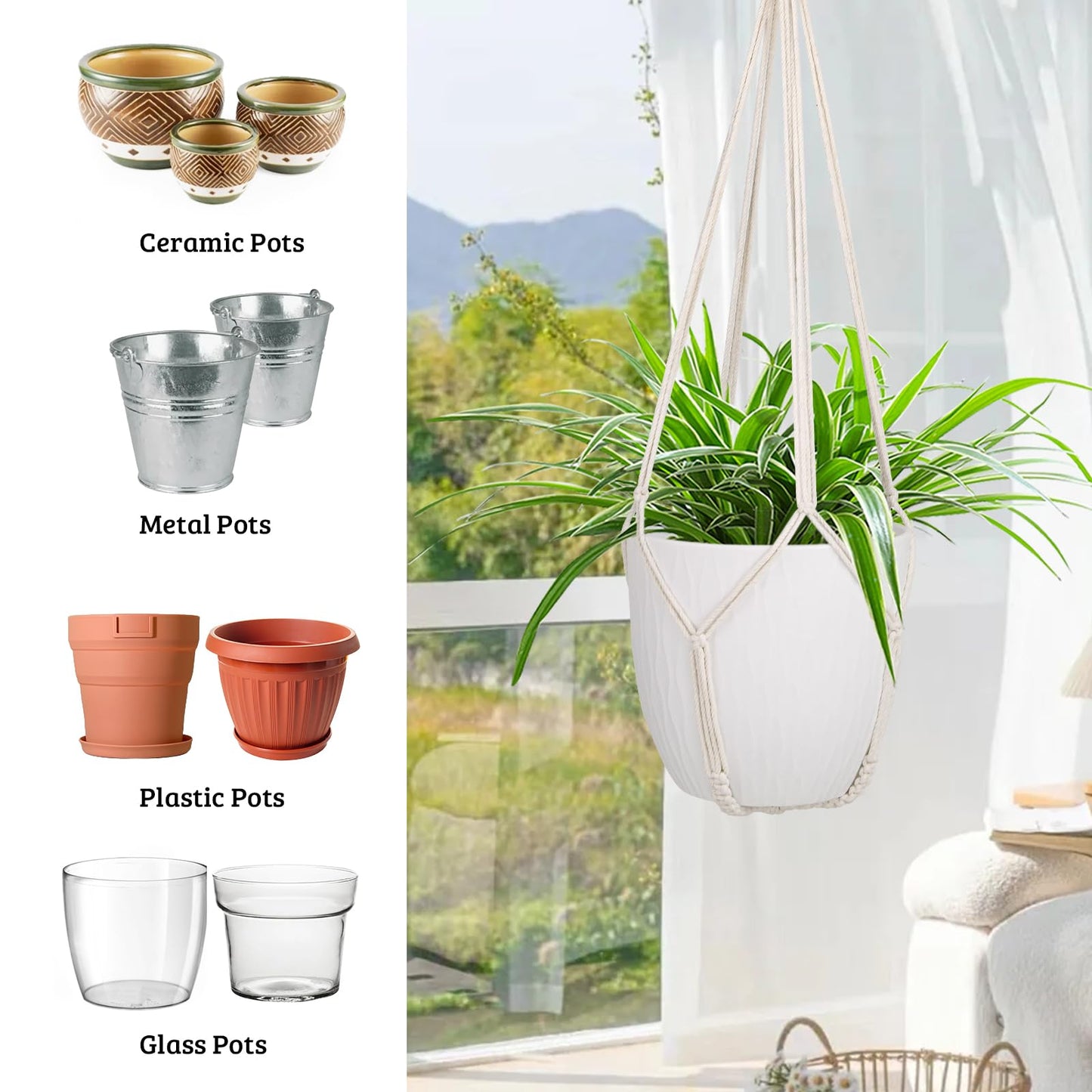 garini 3 Pack Different Size Macrame Plant Hanger,Hanging Plants Holder with 3 Hooks for Boho Home Decor(POTS NOT Included)
