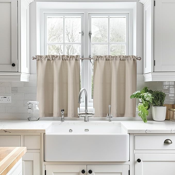 Chyhomenyc 24 Inch Length Tier Curtains, Faux Linen Textured Light Filtering Short Small Cafe Curtains for RV Camper Bathroom Window, 30x24 Inch, 2PCS, Moon Beige