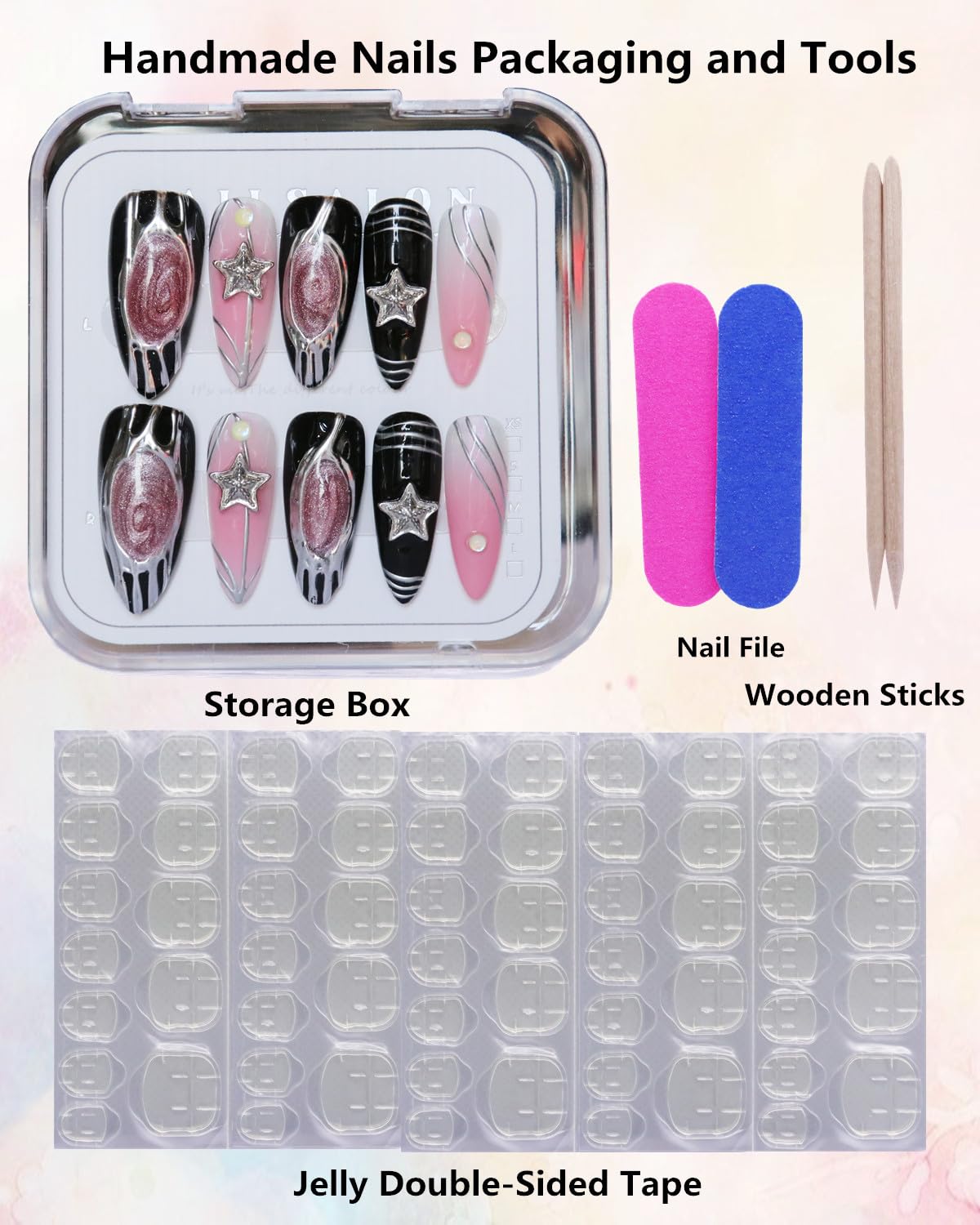 CAMILCY Luxury Handmade Press on Nails Y2K Pink Black Nails Long Stiletto Handmade Chrome Star 3D Design Glossy Acrylic Fake Nails Goth Reusable Stick on Nails for Women 10pcs(A045, S)