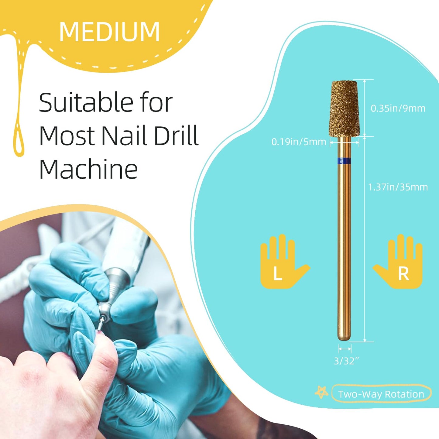 HYTOOS 5mm Large Tapered Cuticle Clean Nail Drill Bit, 5Pcs/Set Titanium Russian Diamond Nail Bits Professional Safety Under Nail Cleaner Burr for Cuticle Dead Skin, Electric Drill Accessories, Medium