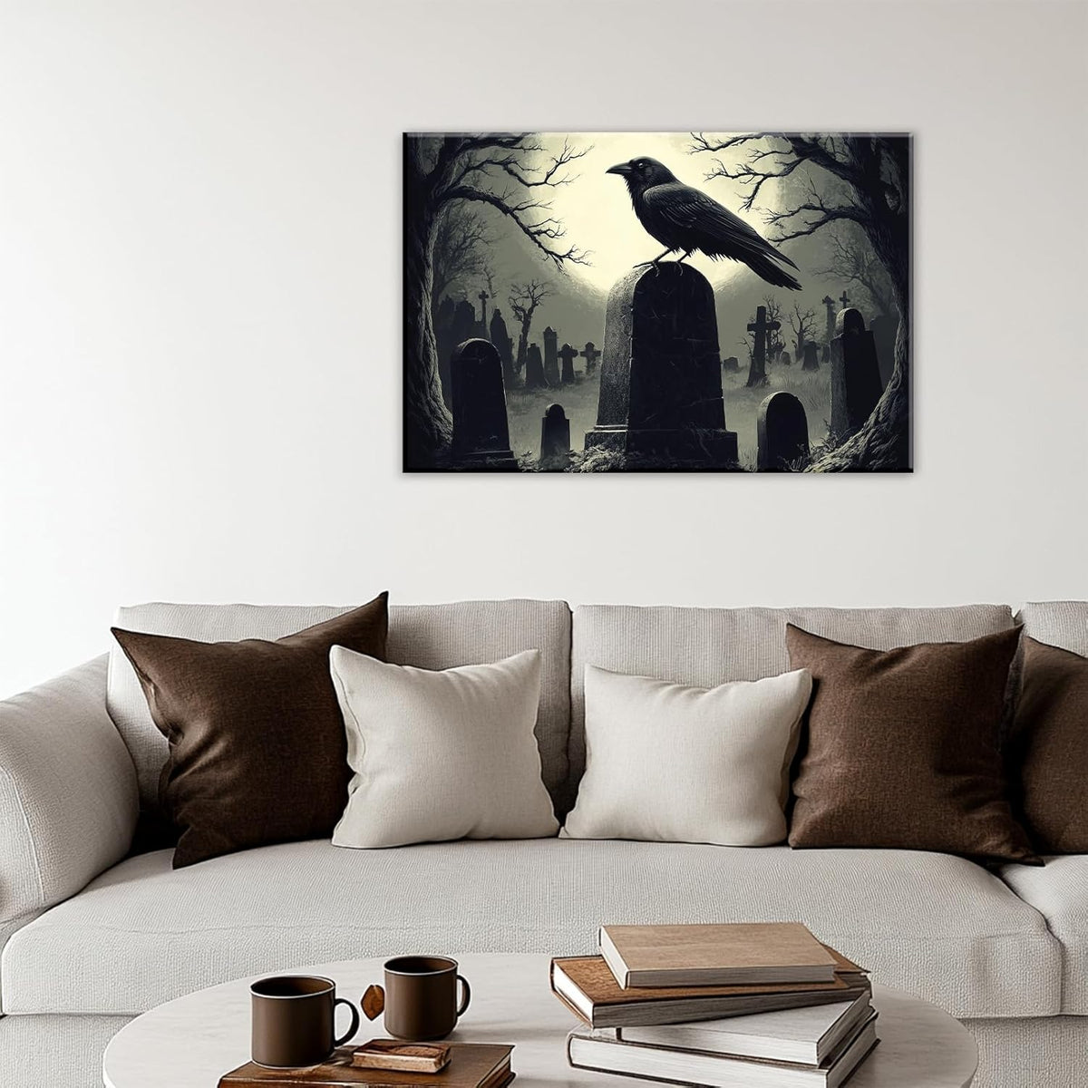 Crow Canvas Wall Art Gothic Black Bird On Branch Painting Print Spooky Forest Full Moon Scenery Poster Artwork Framed Halloween Home Decor(Artwork-3,12"x18")