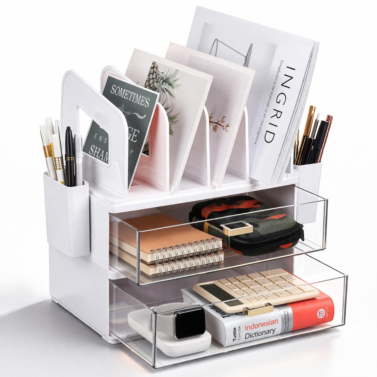LALOBLUE White Acrylic Desk Organizer with Drawer & File Holder, Stackable Modular Storage System, Multi-Layer Desktop Organizer, Space Saving Desk Organizer for Home Office & Study