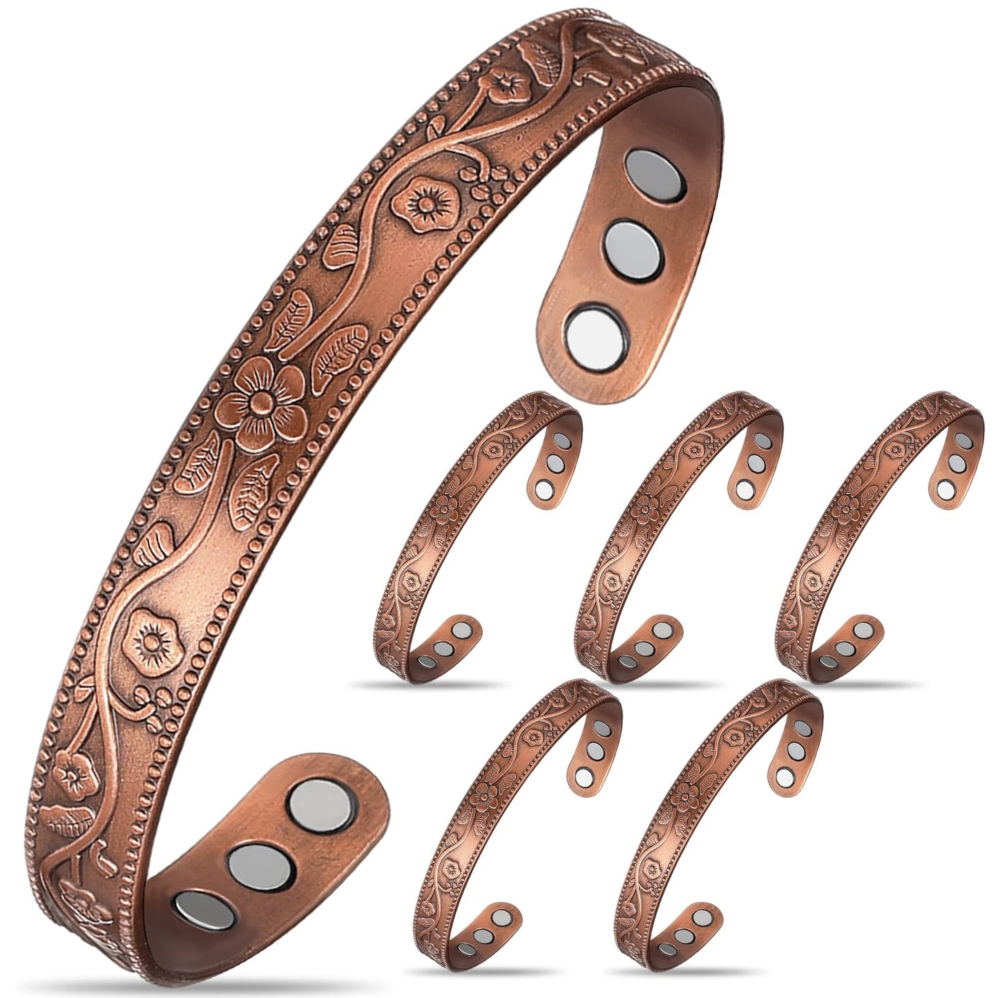 Highergo 6 Pcs Copper Magnetic Bracelet for Women Ultra Strength Magnetic Copper Bracelet Adjustable Flower Pattern Cuff Bangles Jewelry Gift