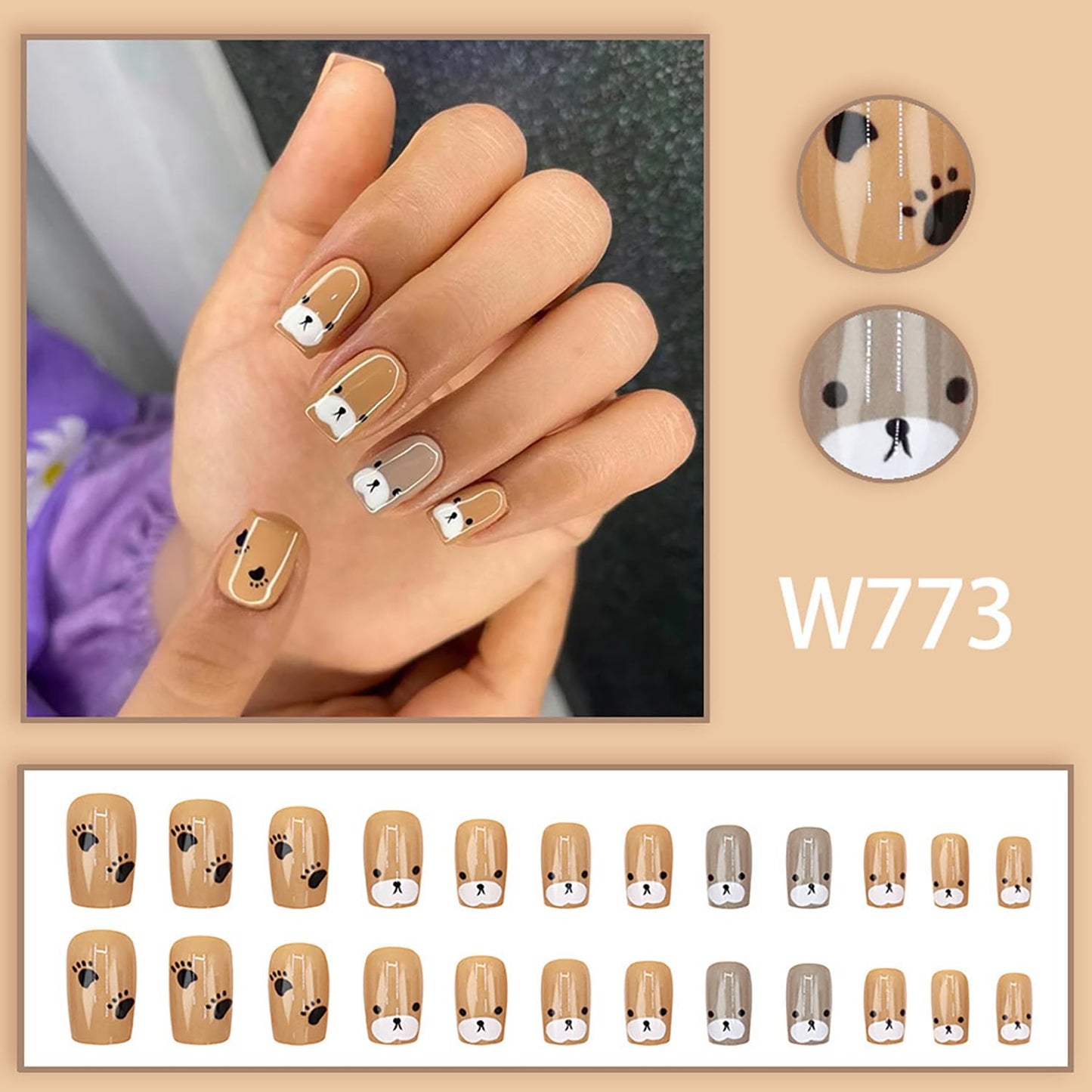 EYZOTSF Press on Nails Square Short Length Acrylic Glossy Full Cover Cute French False Nails with Bear Designs Artificial Extra Short Square Shaped Fake Nails Glue ons Fingernails for Women