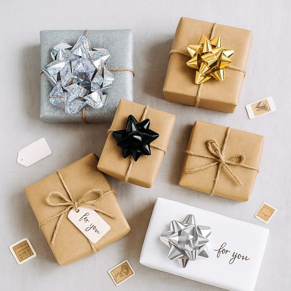 CHOIEO 27 PCS Luxury Gift Bows and Curling Ribbon Set - Large Assorted Self-Adhesive Bows & Gift Wrap Ribbons in Metallic & Glitter Finishes Party Decoration (Black & Gold)