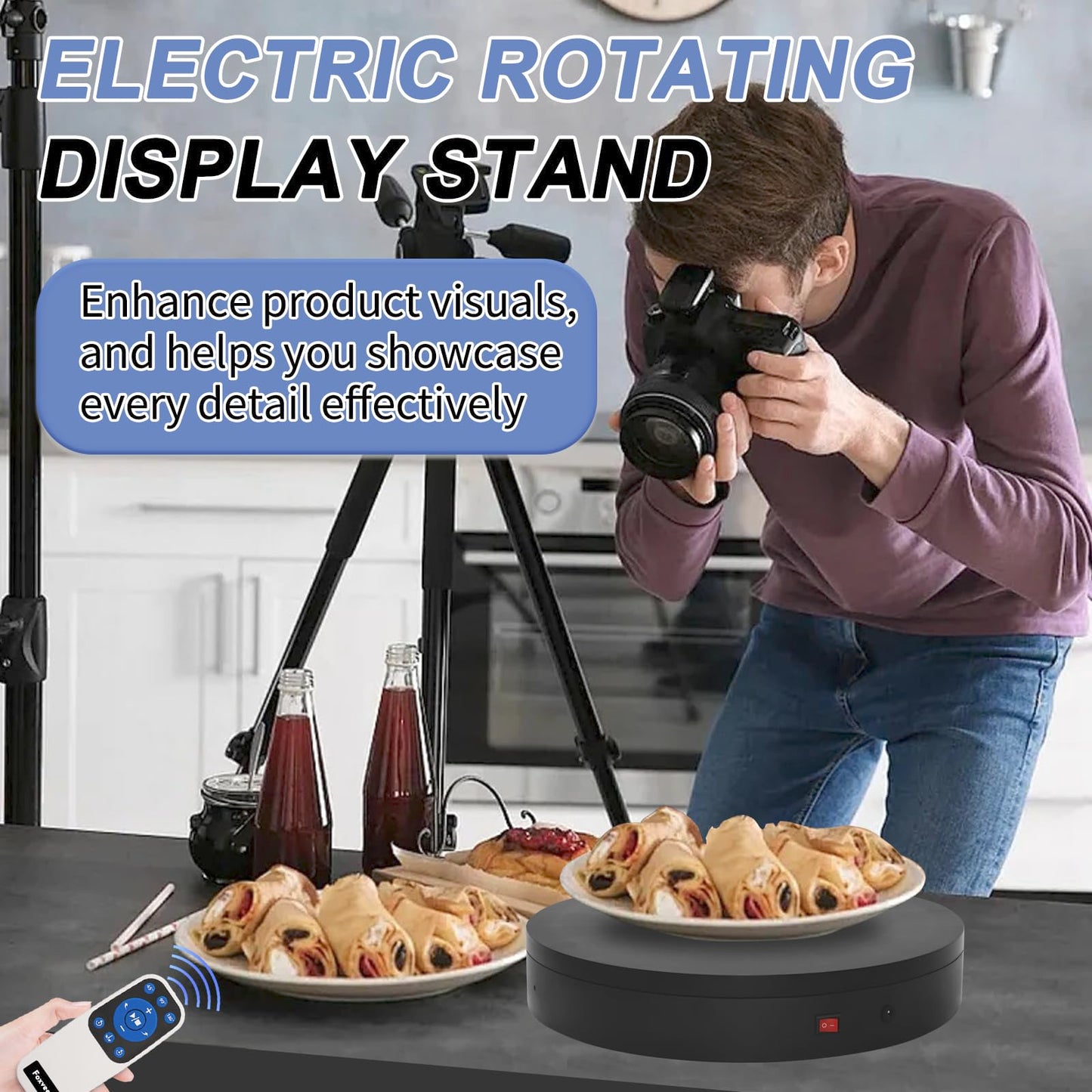 Foxvee Remote-Controlled Motorized Turntable,Electric Rotating Display Stand,Speed-Adjustable Rotating Platform,Multi-Mode 360° Photography Turntable for 3D Scan,Photography,Showcase(15.8inch/Black)