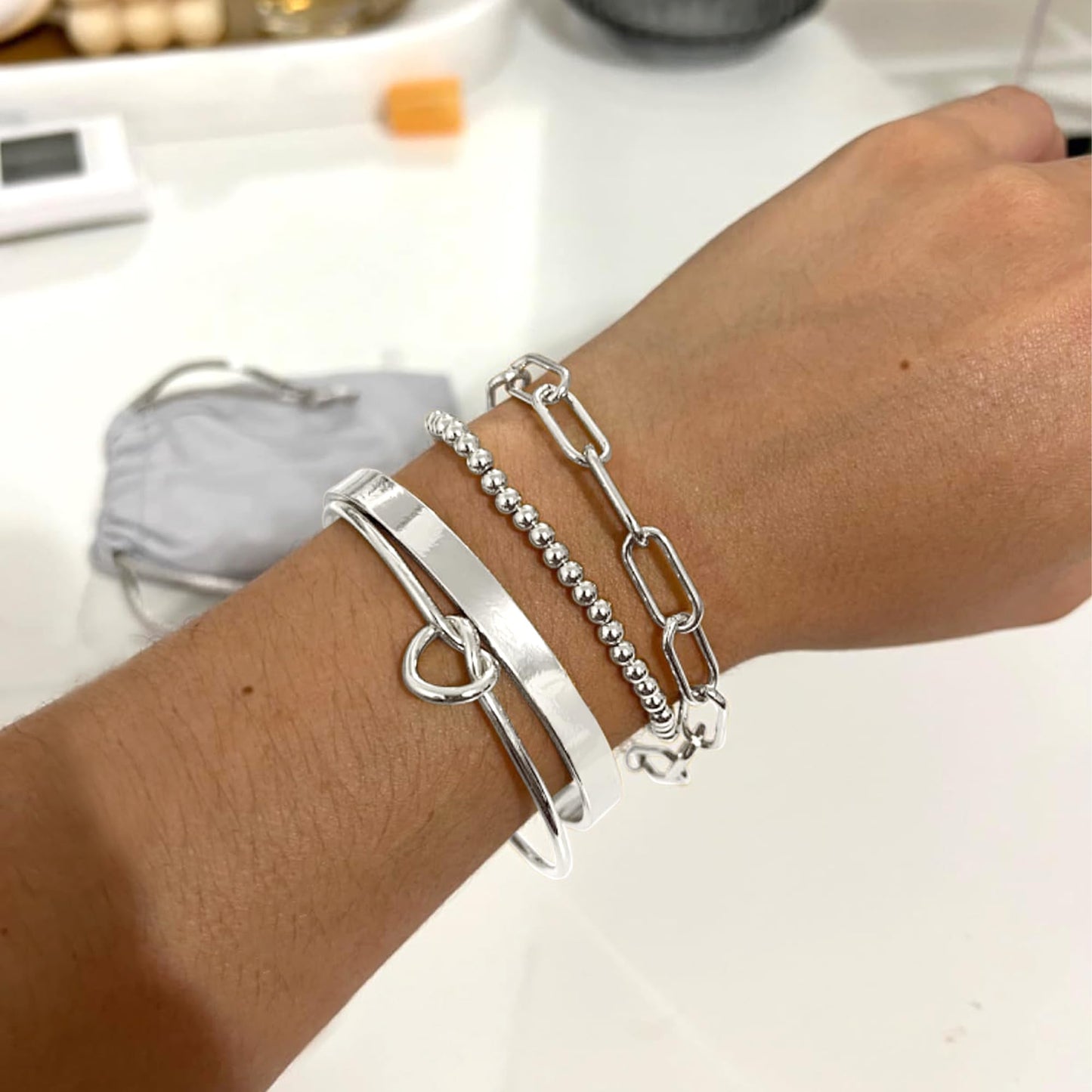 Reoxvo 925 Sterling Silver Plated Bracelets Jewelry for Women Stack Silver Bangle Cuff Bracelet Set for Women