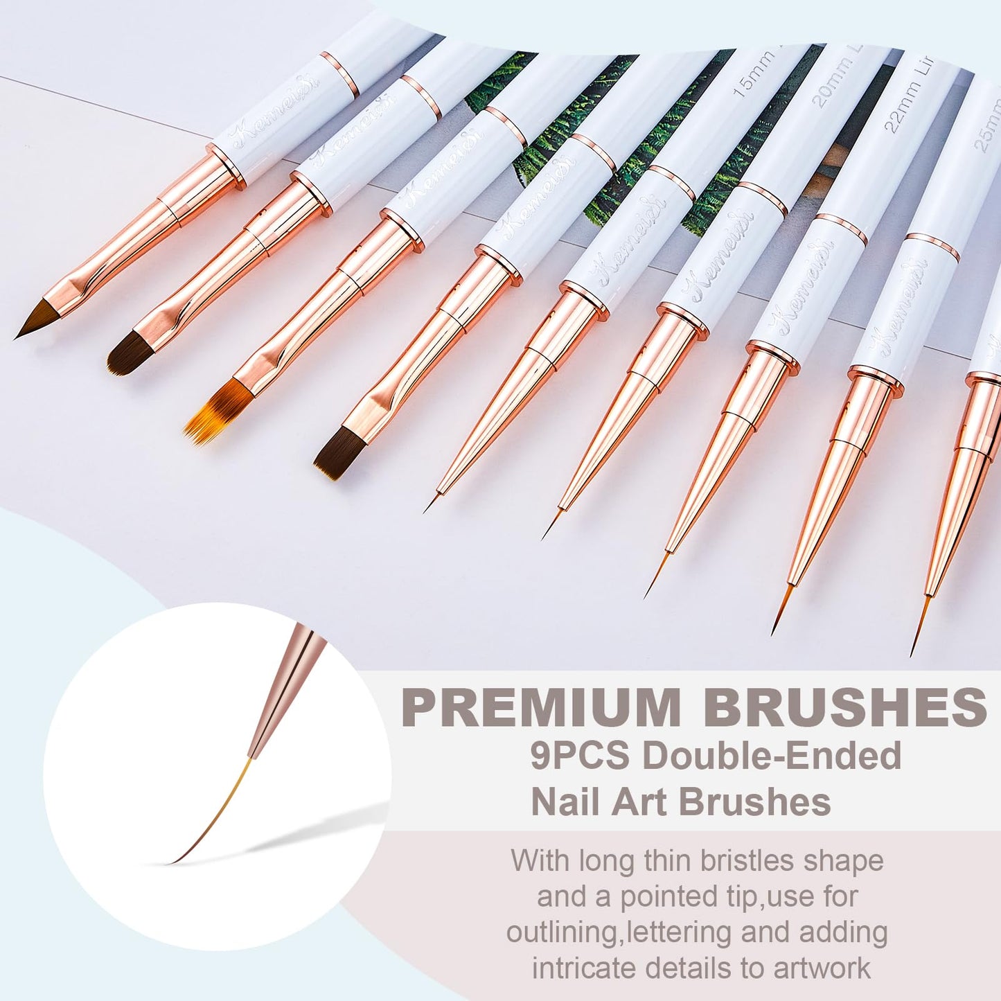 KEMEISI Nail Art Brush Set, 9PCS Double-Ended Acrylic Liner Brush Dotting Pen for Gel Polish, Nail Design Tools for Professional Manicure DIY Home Salon
