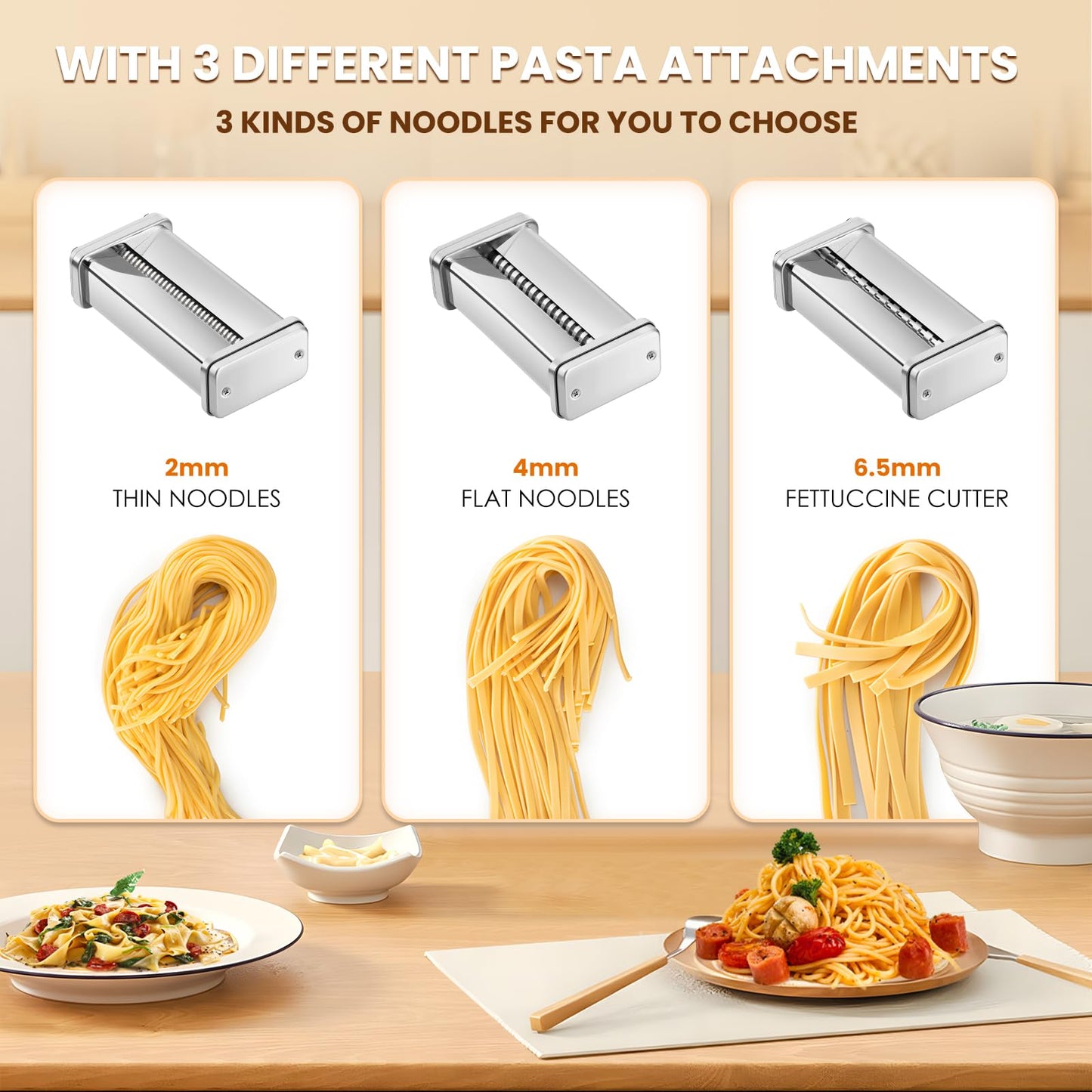 NEWTRY Electric Pasta Maker Family Noodle Making Machine Dough Roller Press Cutter with 3 Blade Attachments 2mm/4mm/6.5mm Pasta for Home Use US 110V