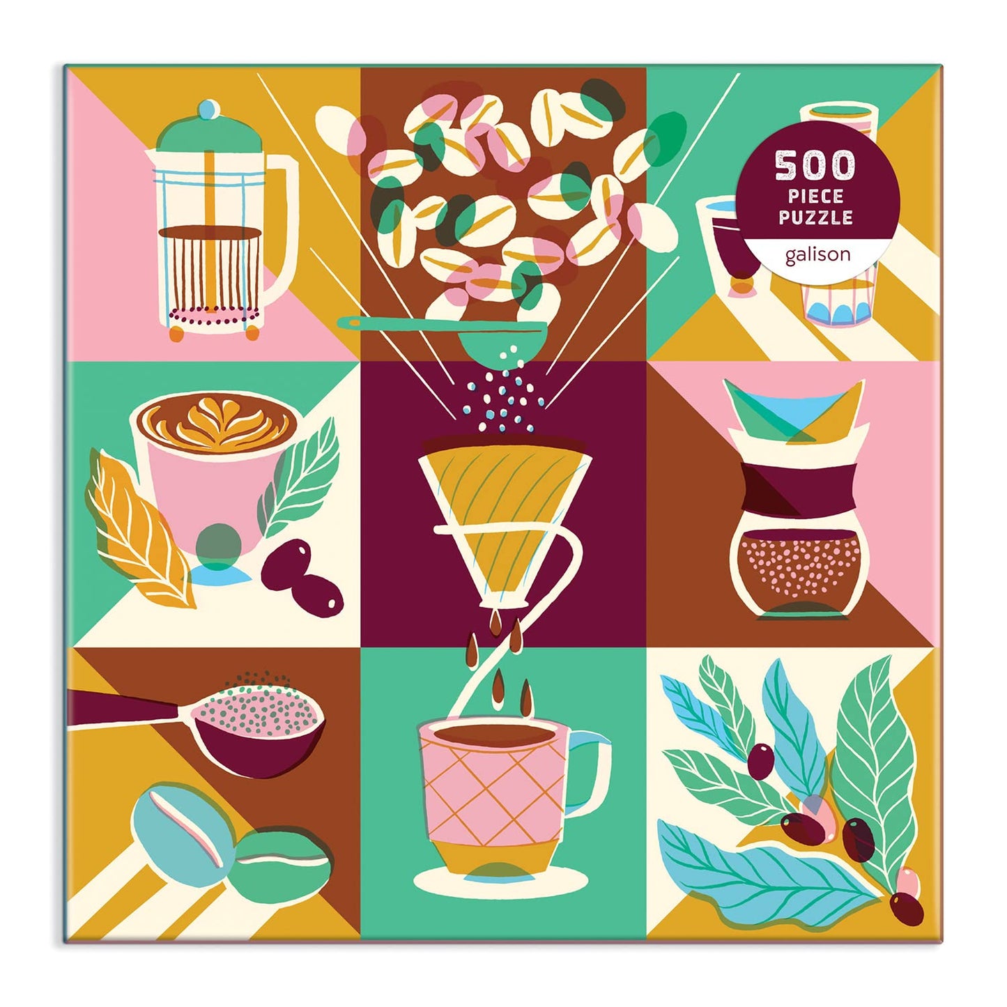 Galison Coffeeology Puzzle, 500 Pieces, 20” x 20” – Coffee Jigsaw Puzzle with Beautiful Illustrations by Marisol Ortega – Thick Sturdy Pieces, Challenging Family Activity, Makes a Great Gift