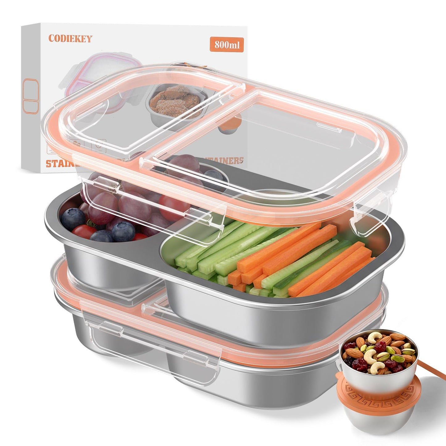 CODIEKEY Snackle Box Container,Dishwasher,Reusable Snack Containers With Lids,2 Compartment Stainless Steel Snack Containers,Fruits, Snacks,Nuts,Salad,travel,800ML,White&Orange,2 Pack