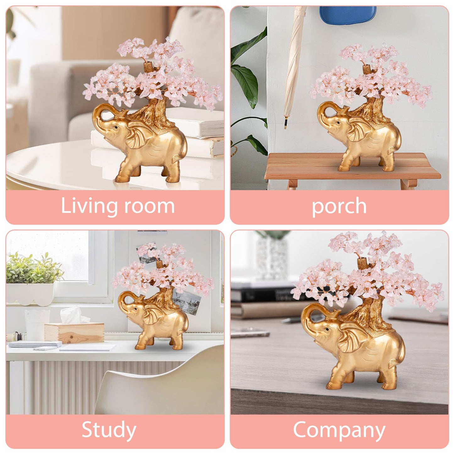GEMBOURY Rose Quartz Crystal Money Tree on Gold Mini Elephant Statue, 10”Gemstone Bonsai Tree of Life Home Décor Gifts for Wealth Positive Energy, Feng Shui Décor