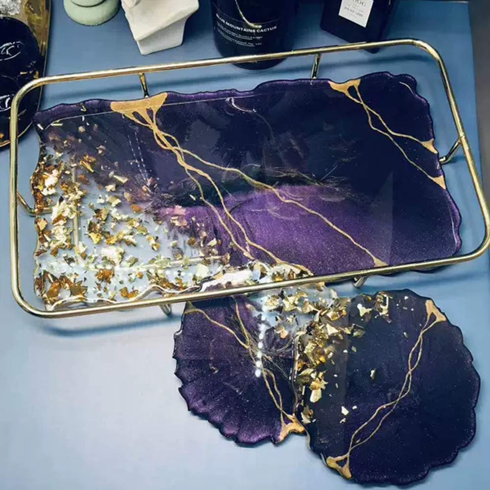 RESINWORLD 2 Size 14 inches XL Large Tray Silicone Molds Epoxy Resin Geode Tray Mold with Gold & Silver Handles DIY for Making Tray (Rectangle)