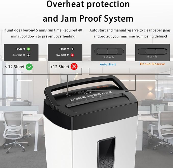 Bonsaii 12-Sheet Cross-Cut Paper Shredder, P-4 Security, Credit Card & Document Shredder for Home/Office, 5-Min Run with Overheat Protection, Compact Handle, 5.5-Gal Bin, Black/White