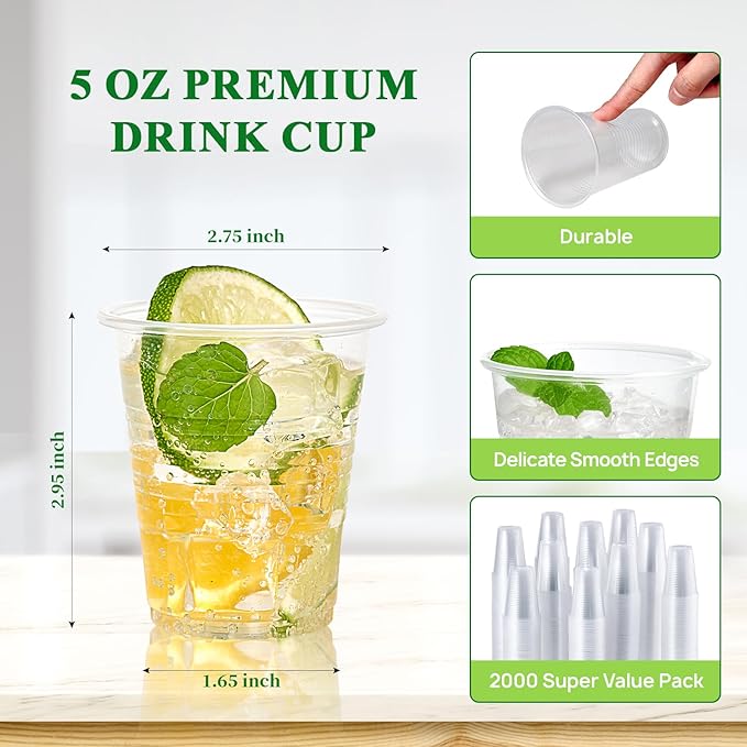 Vplus 2000 Pack 5 OZ Clear Small Dessert Plastic Cups, 5 Ounce Disposable Cold Party Drinking Shot Measuring Mouthwash Cups for Office Bathroom Party