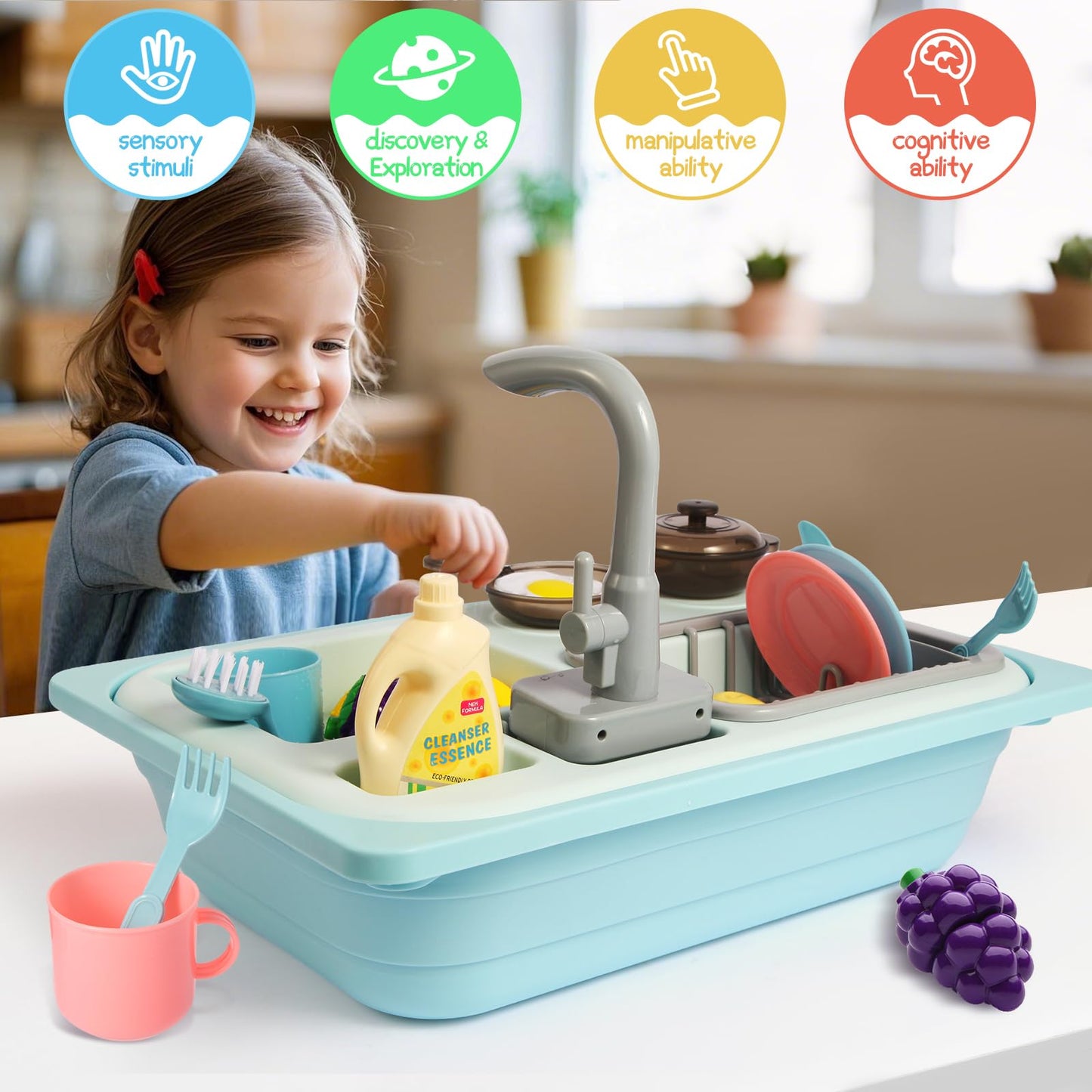 Asweets Color Changing Kitchen Sink Toys, Toddler Sink Toys with Running Water, Pretend Play Toys with Upgraded Faucet, Automatic Water Cycle System (Blue)