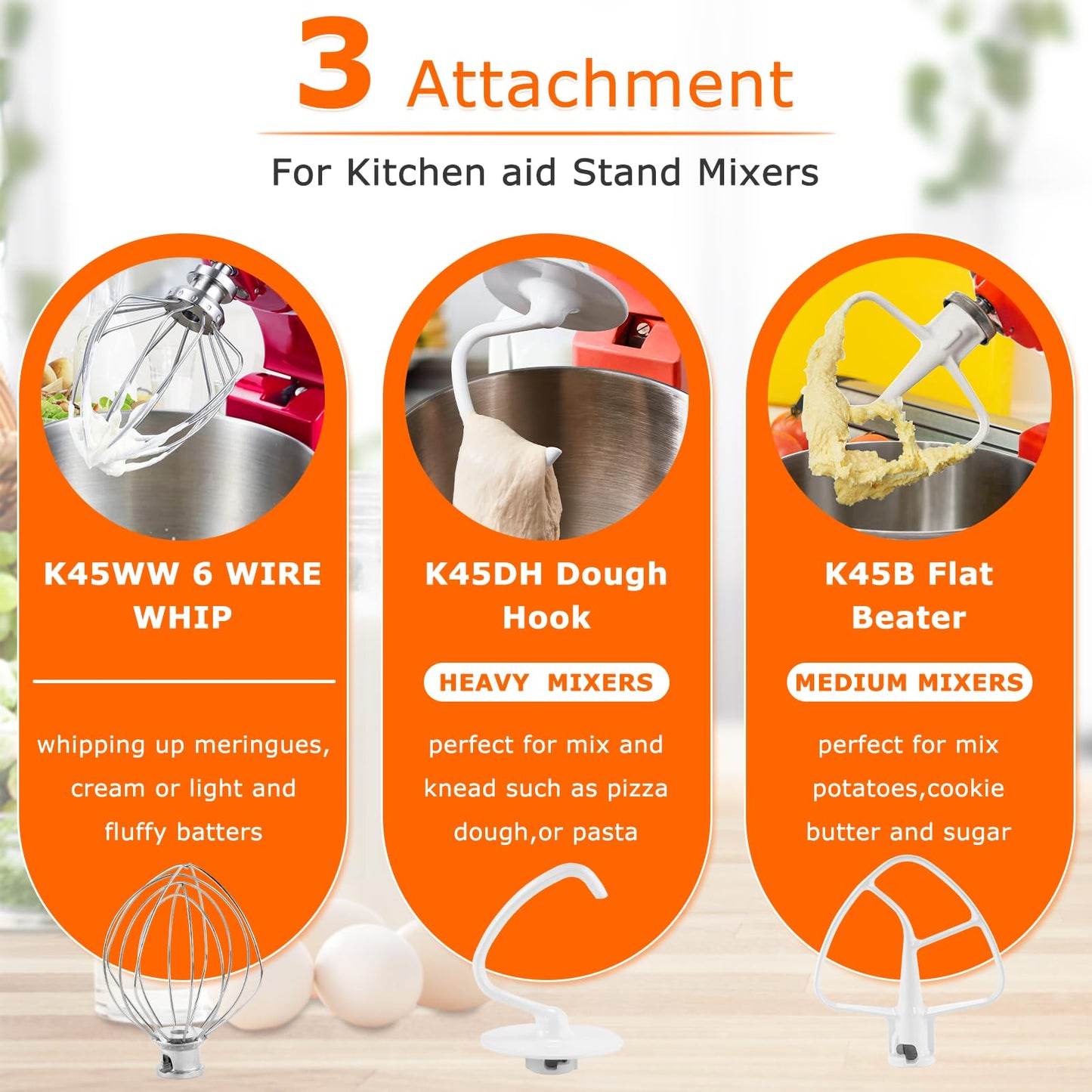 3 Pack Mixer Attachments for Kitchen Aid 4.5-5 Quart Tilt-Head Stand Mixers, Heavy-Duty Metal,Includes K45DH Dough Hook, K45B Flat Beater,K45WW Wire Whip, Dishwasher Safe Replacement Kit by TOMOON
