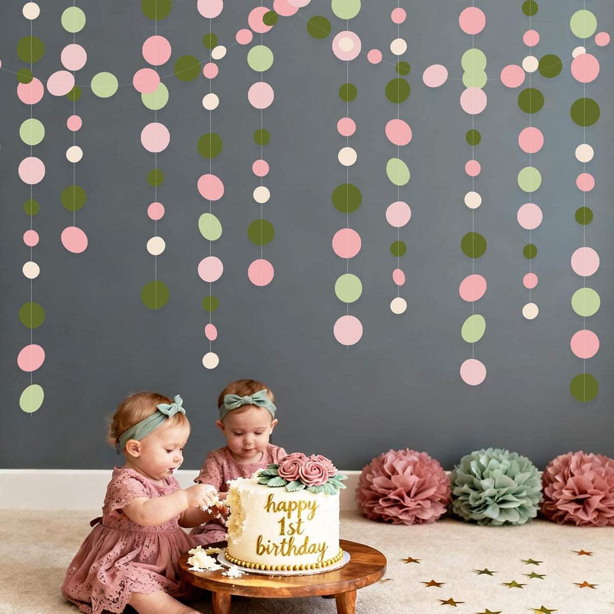 Sage Green and Dusty Pink Polka Dots Garlands Olive Green Dusty Rose Beige Hanging Paper Circle Dots Streamer for Girls Birthday Baby Shower Wedding Engagement Bachelorette Party Decorations Supplies
