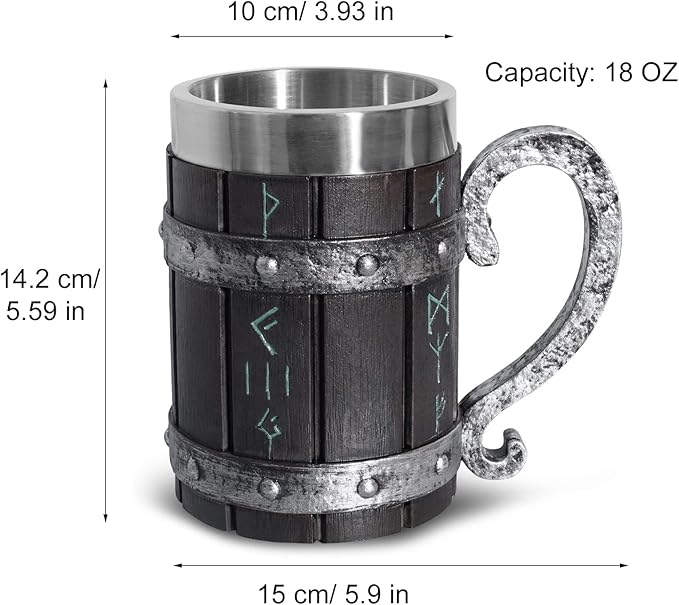 Nordic Viking Rune Beer Mug, Resin Beer Stein Tankard Cup Stainless Steel Wooden Coffee Cool Mug Viking Gift for Men Beer Cup Stein
