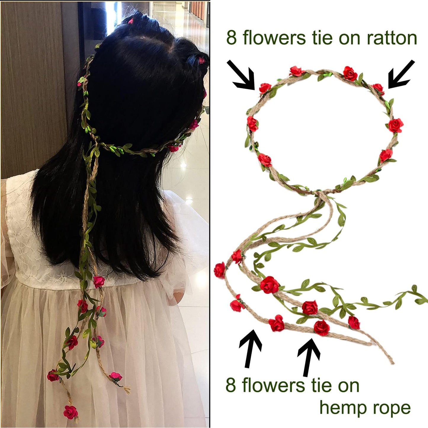 HOPEANT 12PCS Multicolor Flower Crown Floral Headband Wreath Garland Headbands, 16 Pieces Flowers Tie on Ratton and Hemp Rope,Unique Design for Women Wedding Party Photo Props