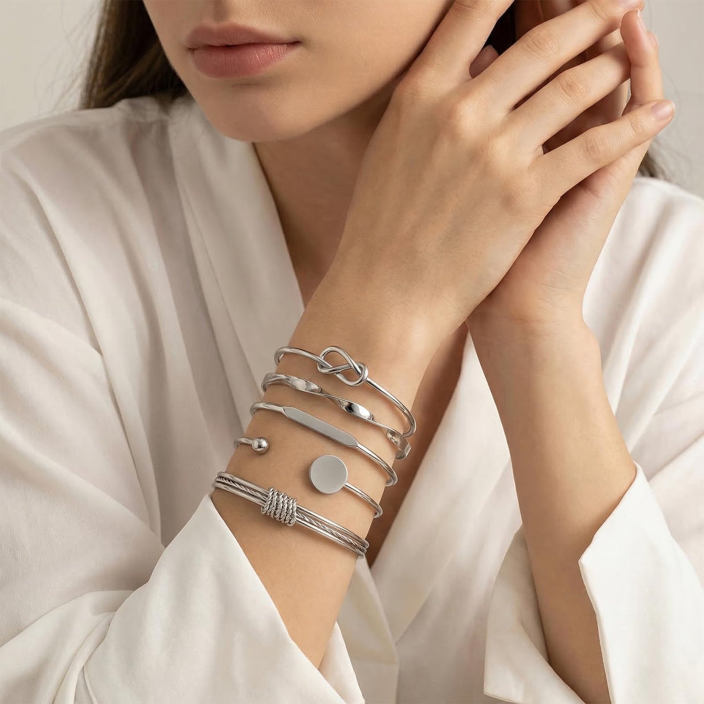 VEINARDYL Silver Bracelets set for Women, Silver Plated Bangles Cuff Bracelets Stack, Open Adjustable Bangles Fashion Accessories Jewelry Set for Gifts Birthday Valentines Day