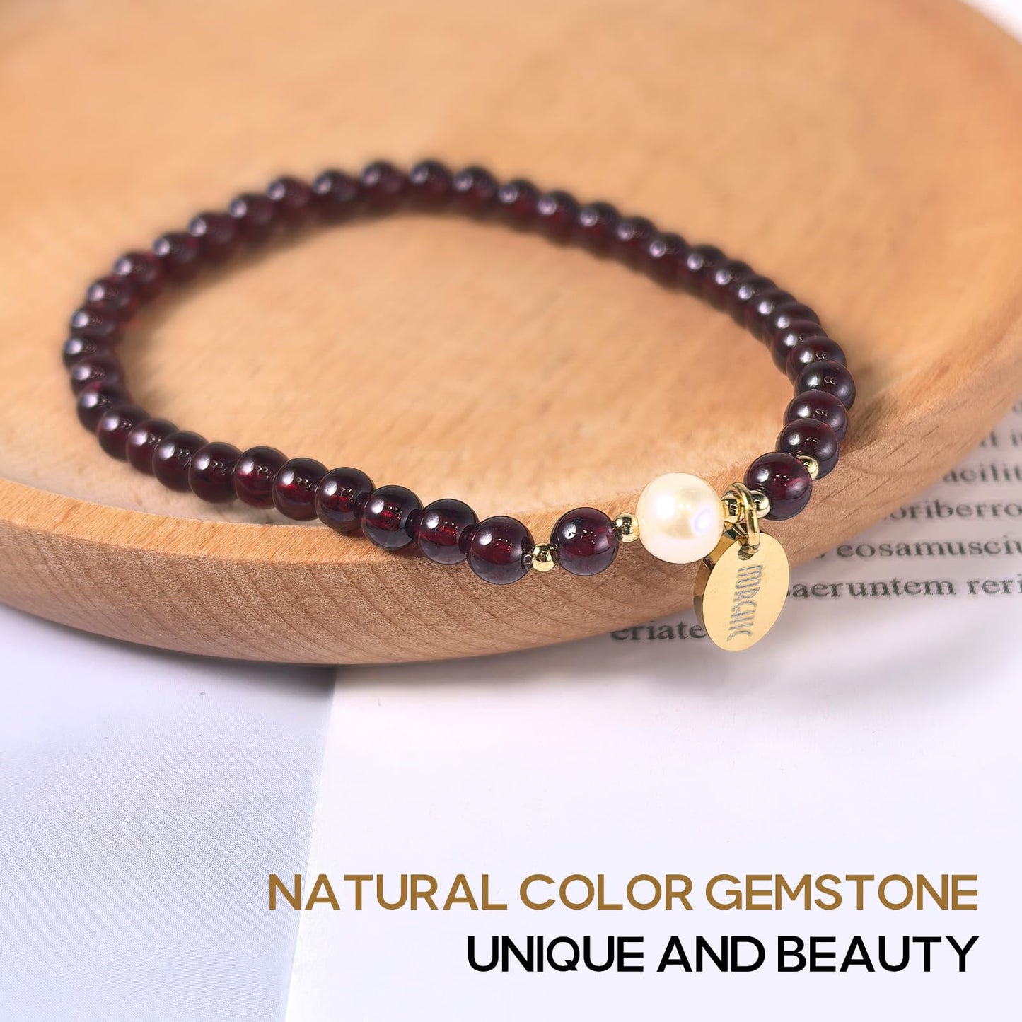 Morchic 4mm Natural Garnet Gemstone Beads Stretch Bracelet for Women, With Freshwater Pearls, Energy Birthday Gift for Her 7.2”