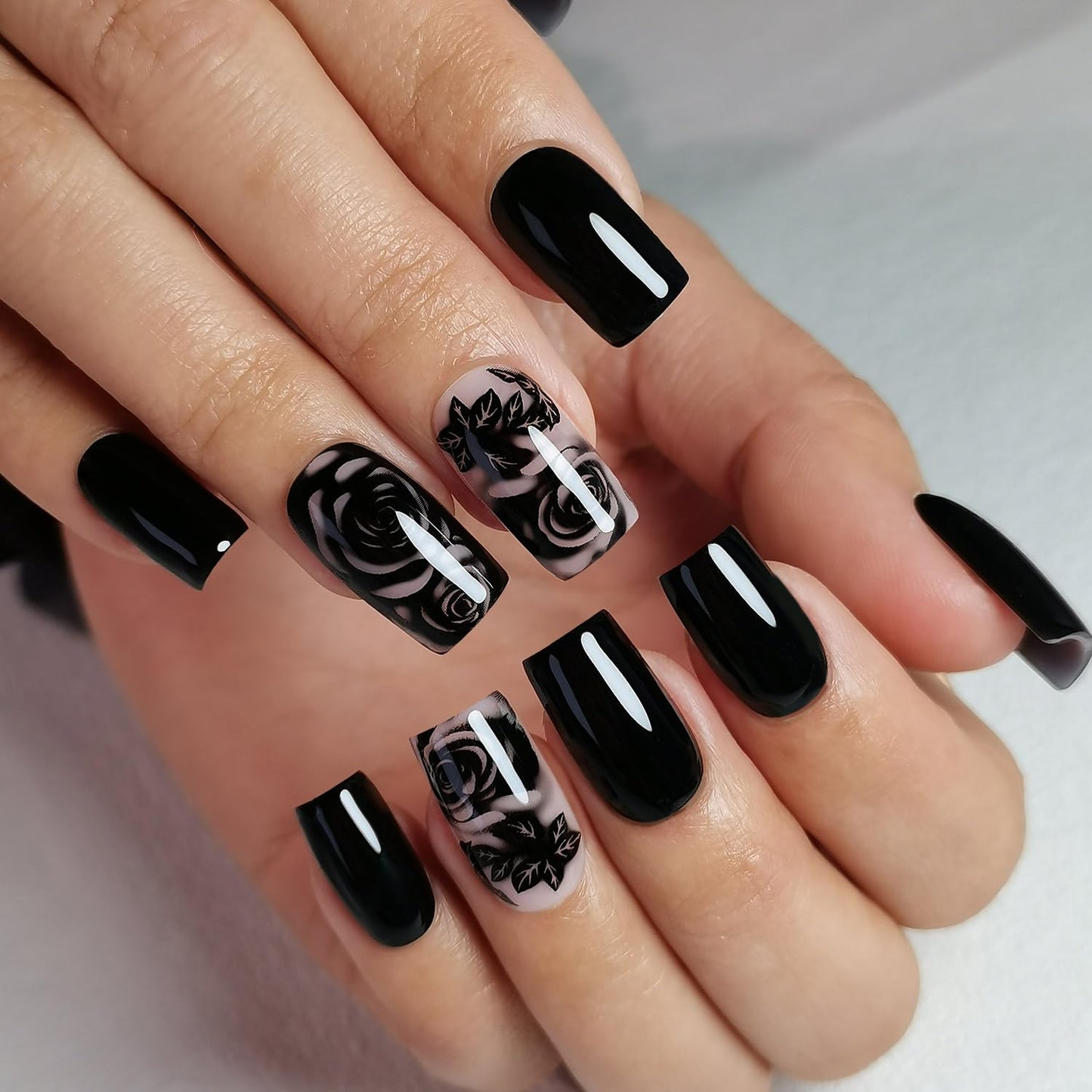 CurvLife Press On Nails Stick On Short Design Acrylic Stick On Nails Tips Glue On False Nails Kit For Women (black rose, Medium)