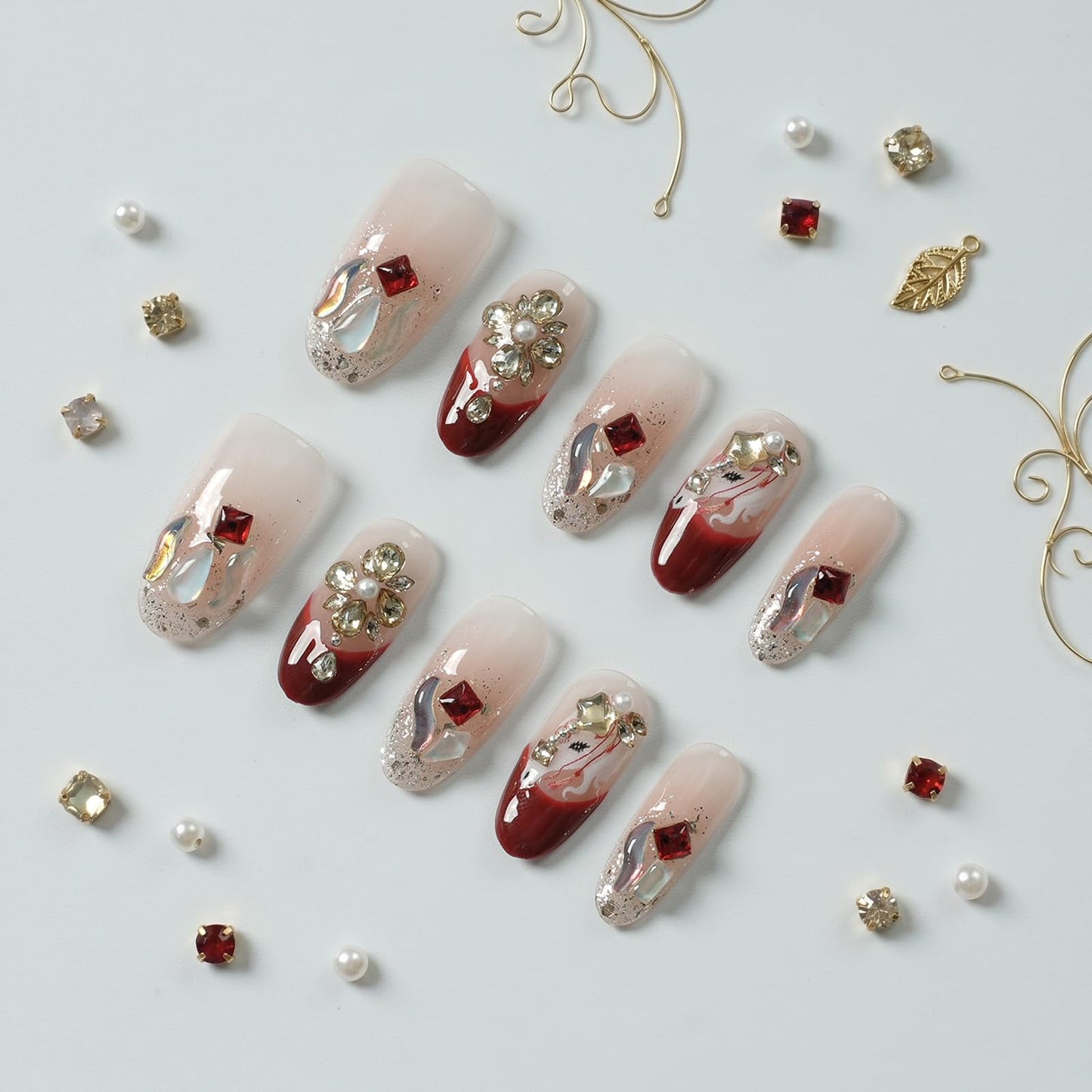 Tesytto Handmade Press on Nails Almond Shape Glossy Reusable False Nails for Nail Art (Crimson Crystal Butterfly Glow, M)